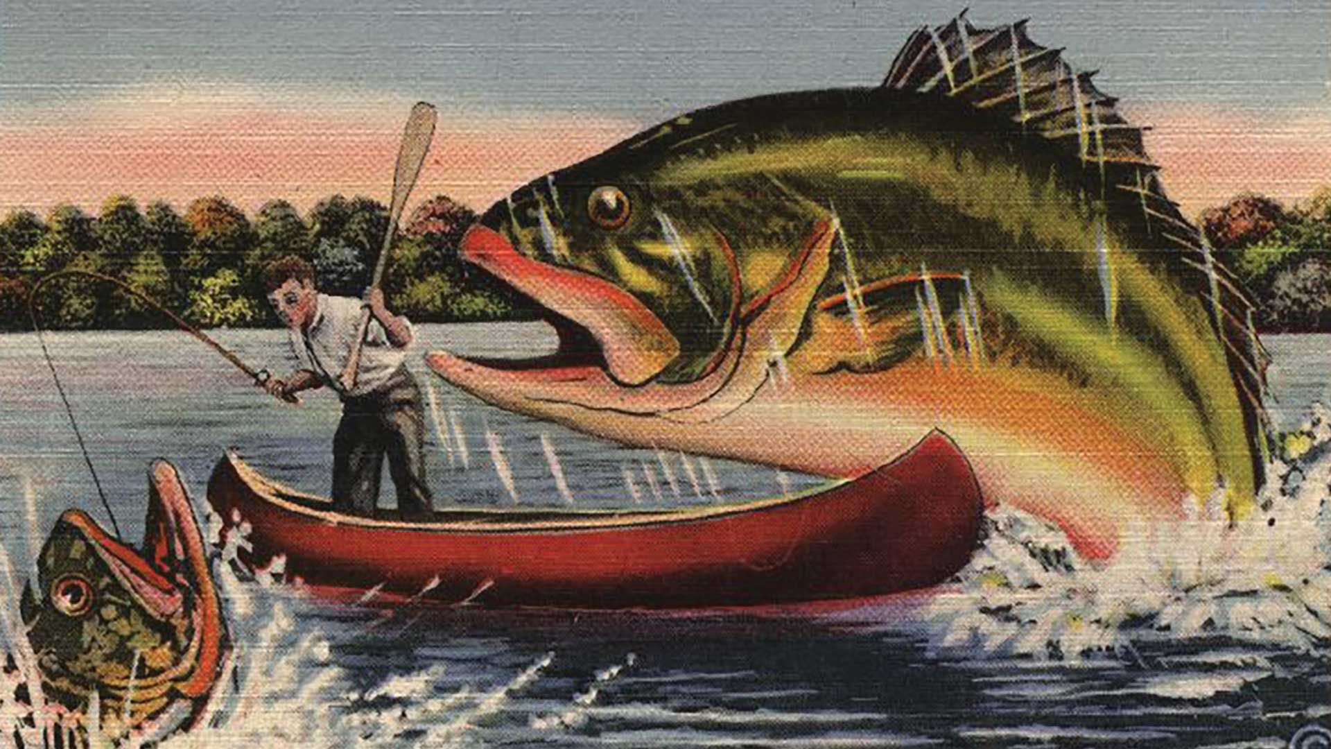 Illustration of a man in a red canoe fishing on a lake with two enormous fish splashing; one fish nearly as large as the canoe. Trees and a sunset sky in the background.