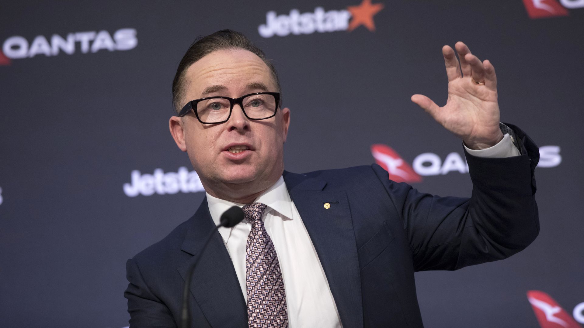 Alan Joyce, chief executive officer of Qantas Airways Ltd., speaks during a news conference in Sydney, Australia, on Thursday, Feb. 25