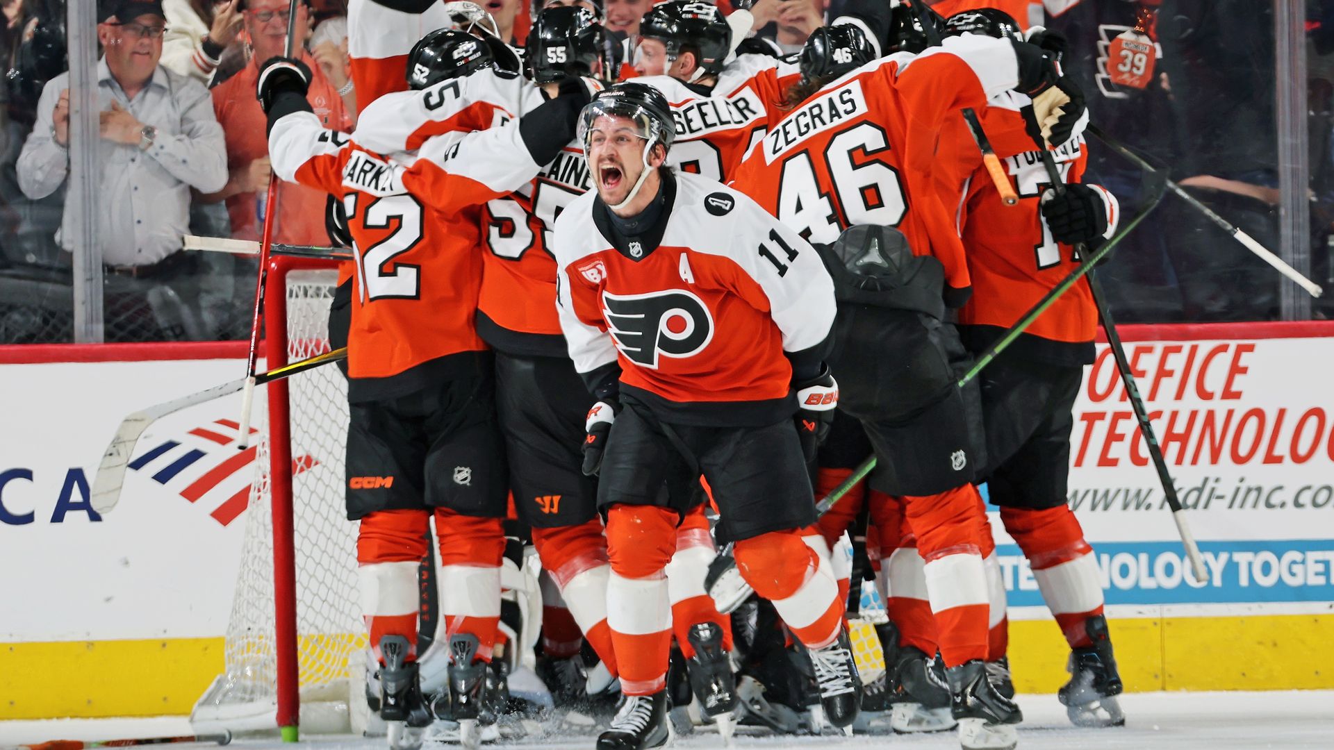 The Flyers Travis Konecny celebrates with his teammates after defeating the Carolina Hurricanes 3-2 in a shootout at the Xfinity Mobile Arena on April 13.