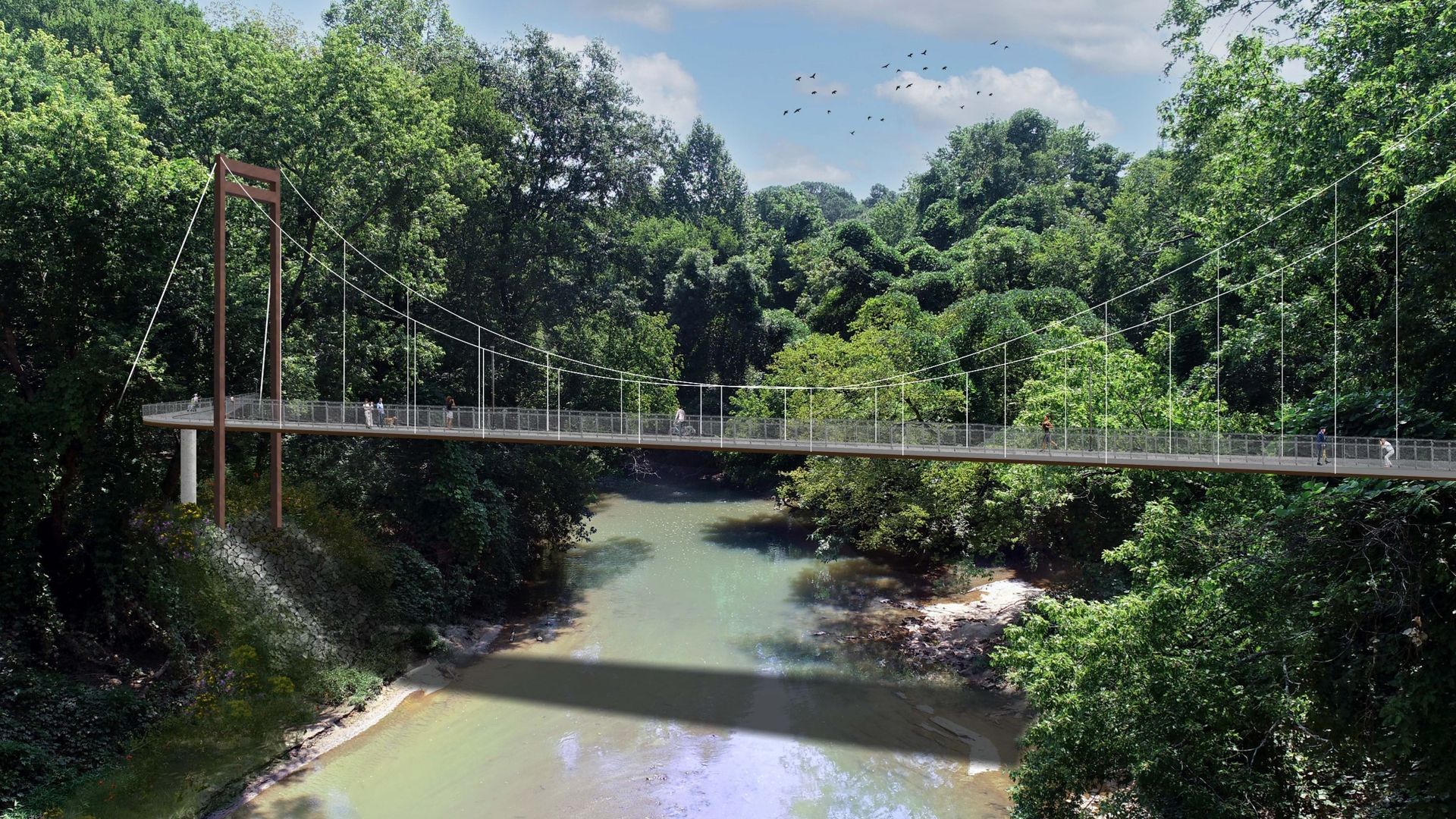 A rendering of a suspension bridge over a wide creek running through a dense forest