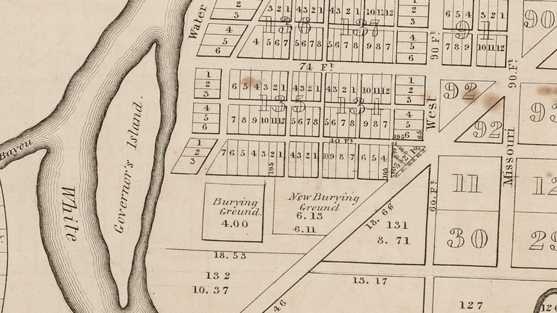 A historic map with the words "burying ground"