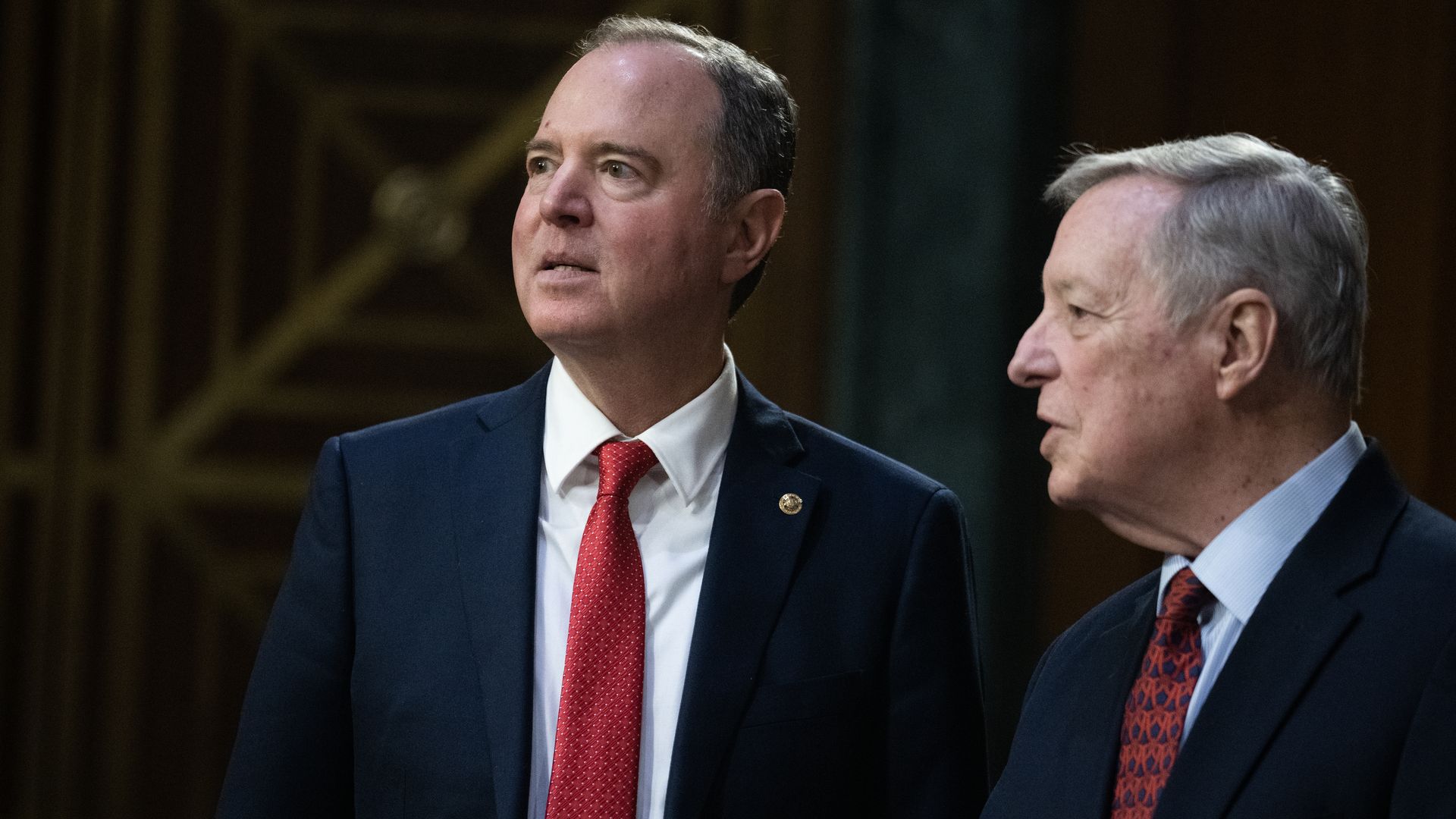 Sens. Adam Schiff, D-Calif., left, and Richard Durbin, D-Ill., are seen before Brooke Rollins, President Donald Trump's nominee to be Agriculture secretary, testified during her Senate Agriculture, Nutrition and Forestry Committee confirmation hearing in Dirksen building on January 23, 2025.