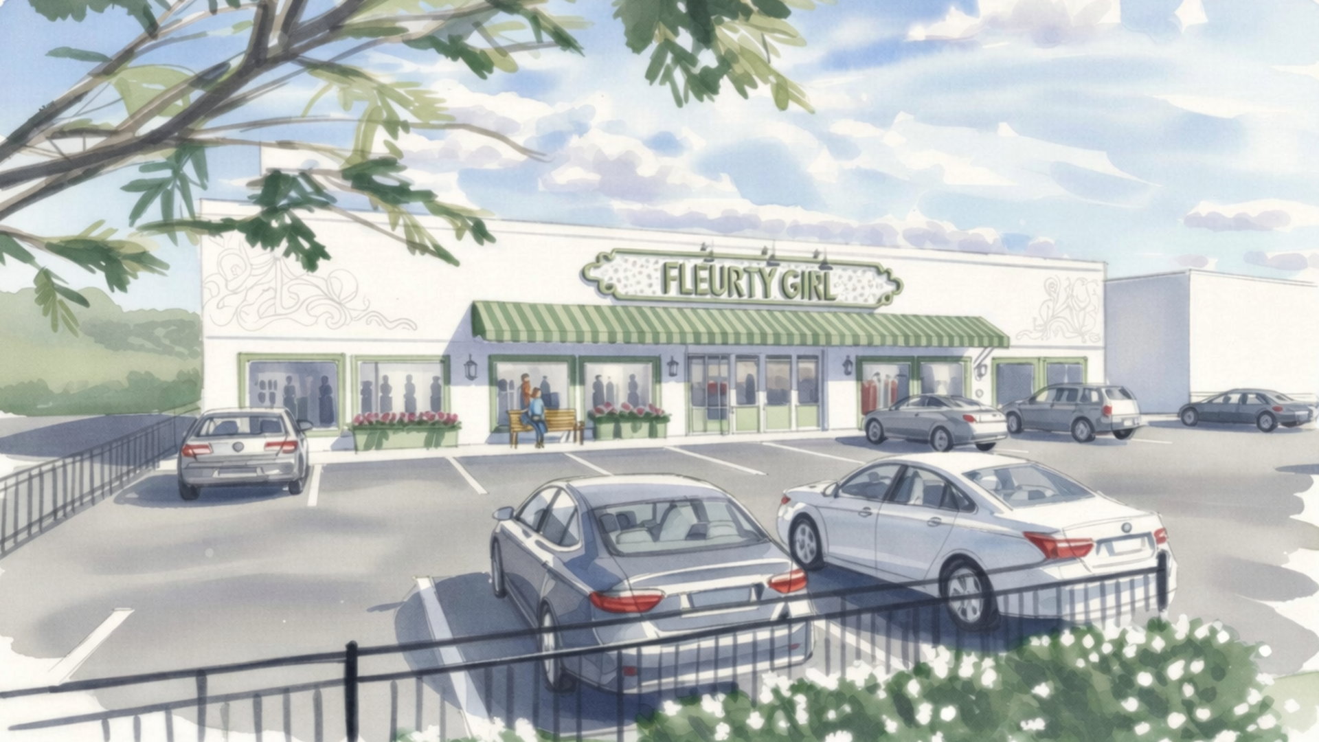 Outdoor scene of a store named "Fleury Girl" with green striped awning, people sitting on a bench, several cars parked in lot, and tree branches overhead under a partly cloudy sky.