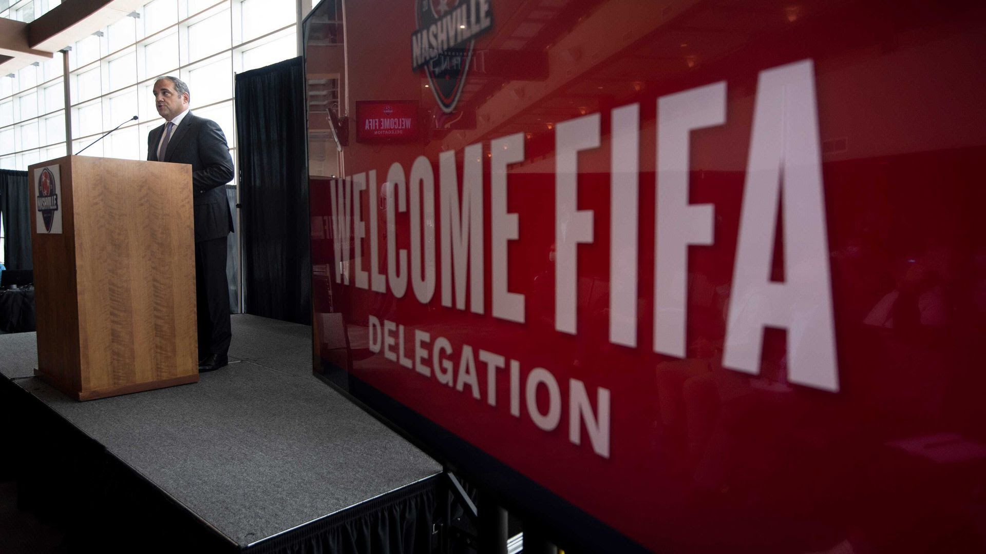 CONCACAF President and FIFA Vice President Victor Montagliani speaks at  a press conference at Nissan Stadium last year.