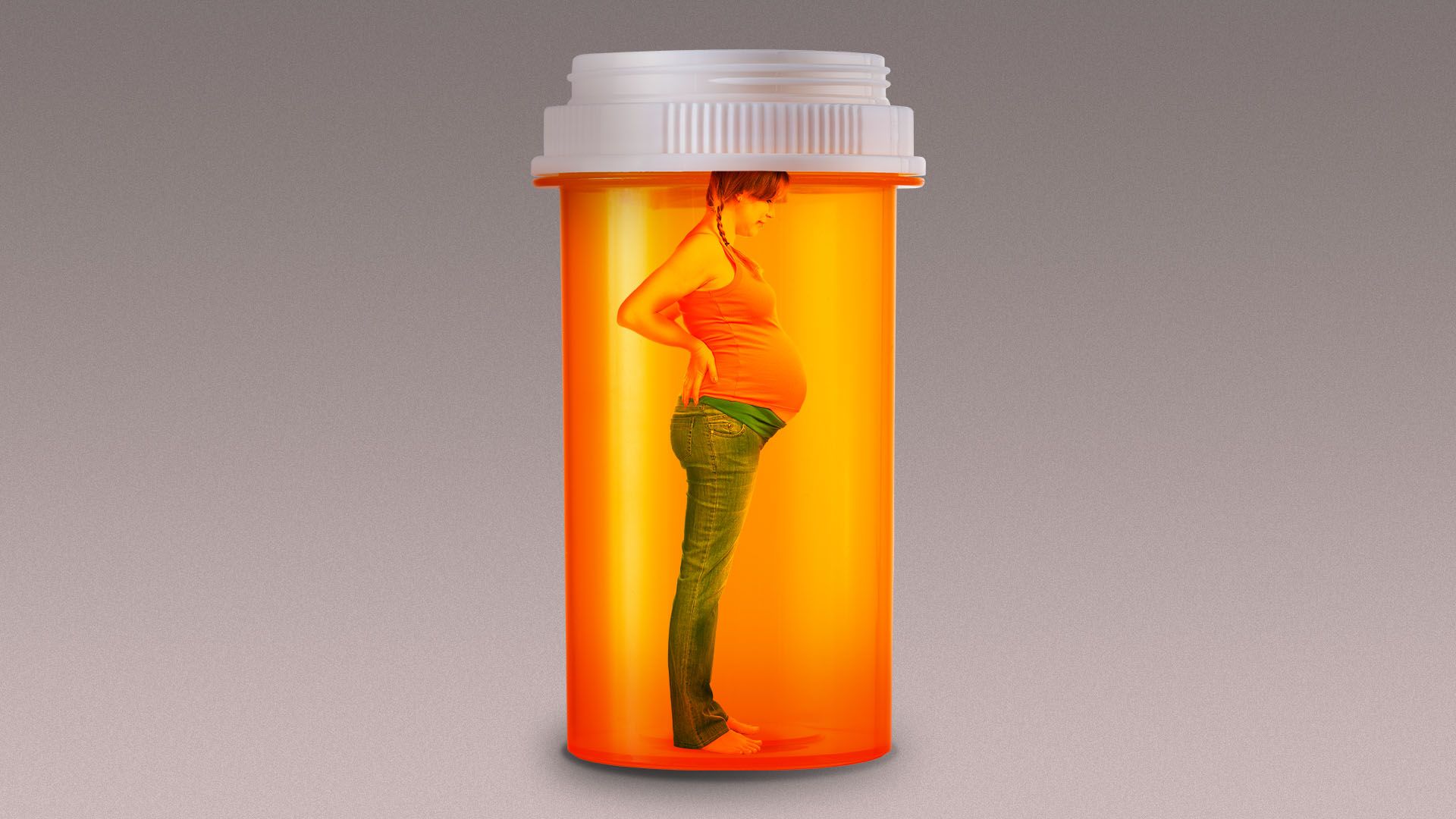 Illustration of a pregnant woman in a giant empty pill bottle