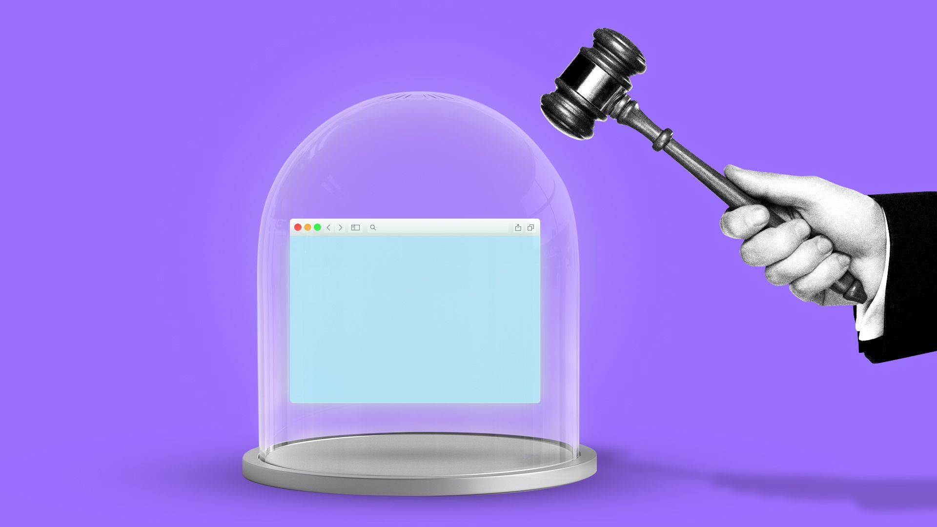 Illustration of a web browser under glass, a hand holding a gavel is hovering over the glass.  