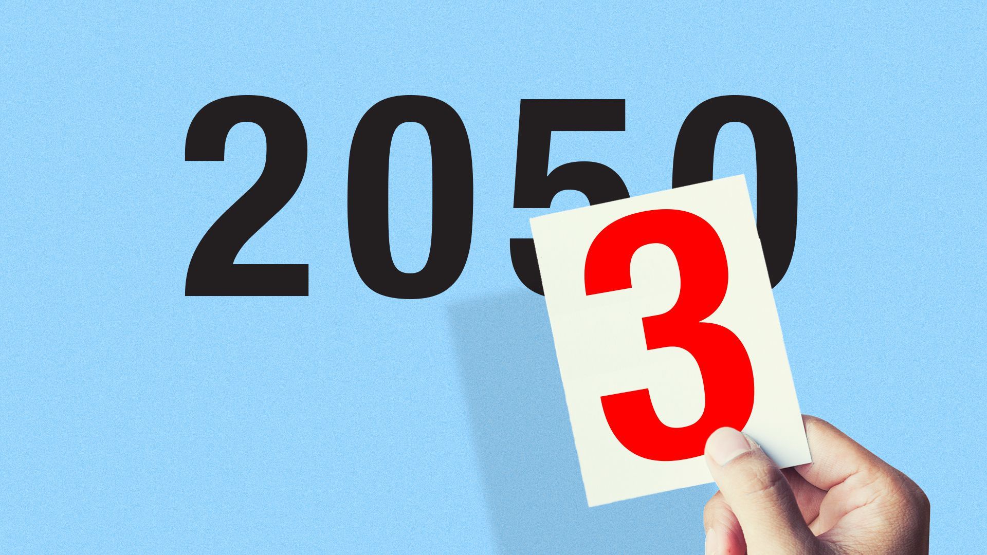 Illustration of a hand placing a number three card over the number 2050