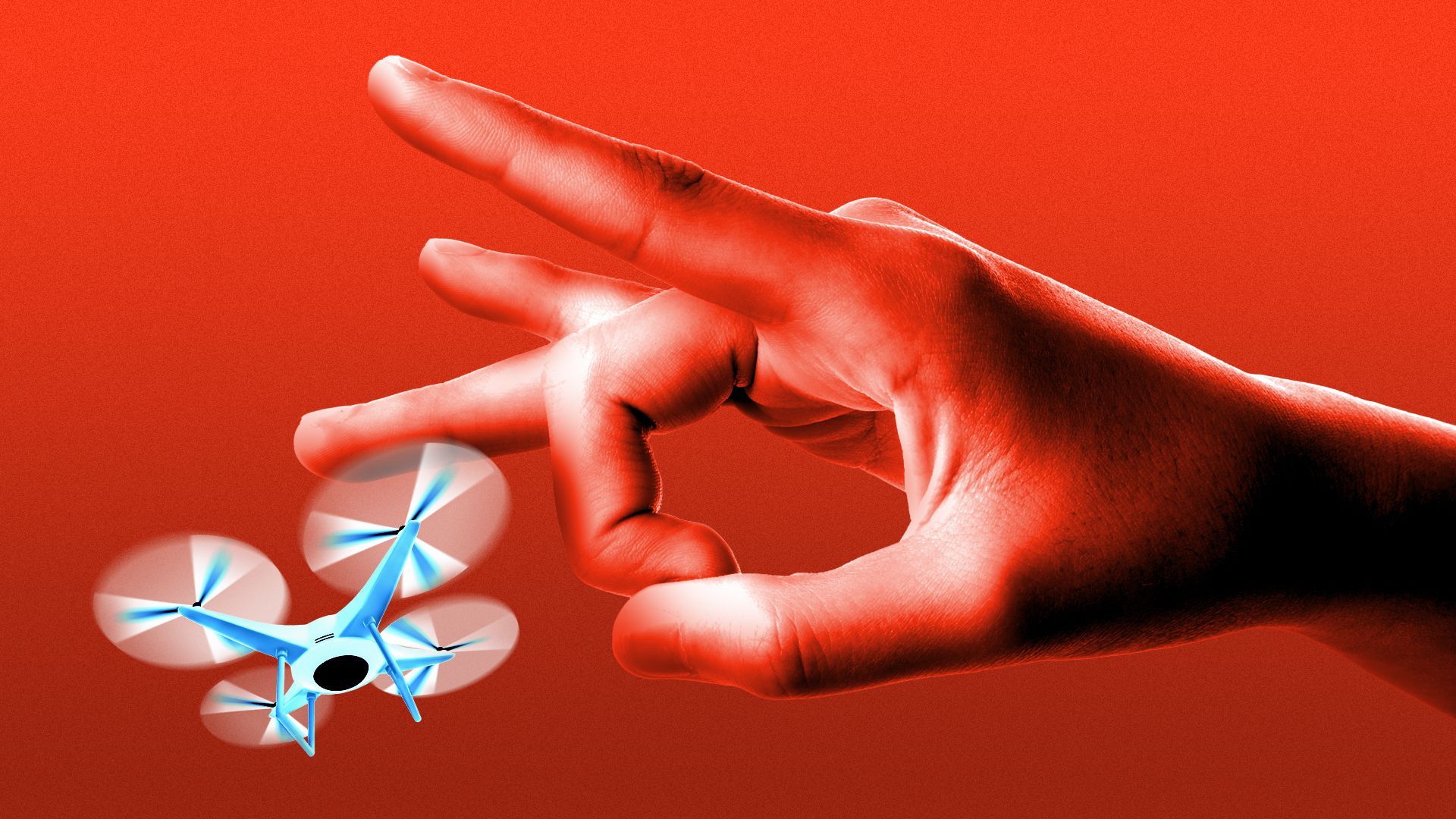Illustration of a giant hand preparing to flick a tiny drone
