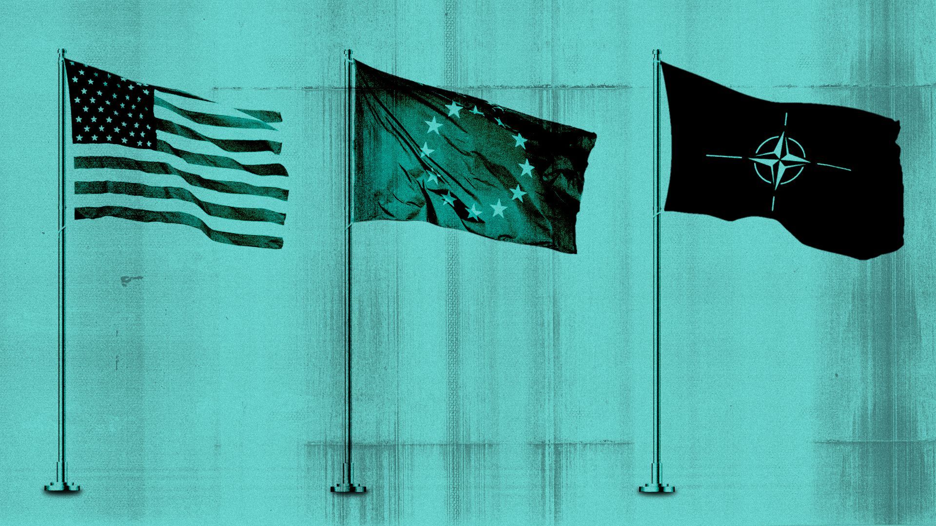 Illustration of the NATO, US and EU flags against a distressed background.