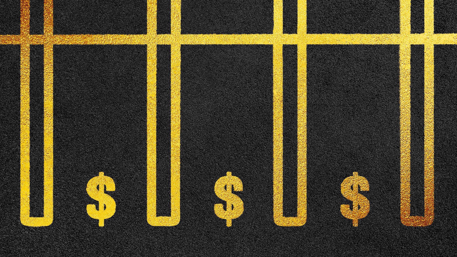 Illustration of a parking lot with lines painted with gold, and dollar signs in each one.