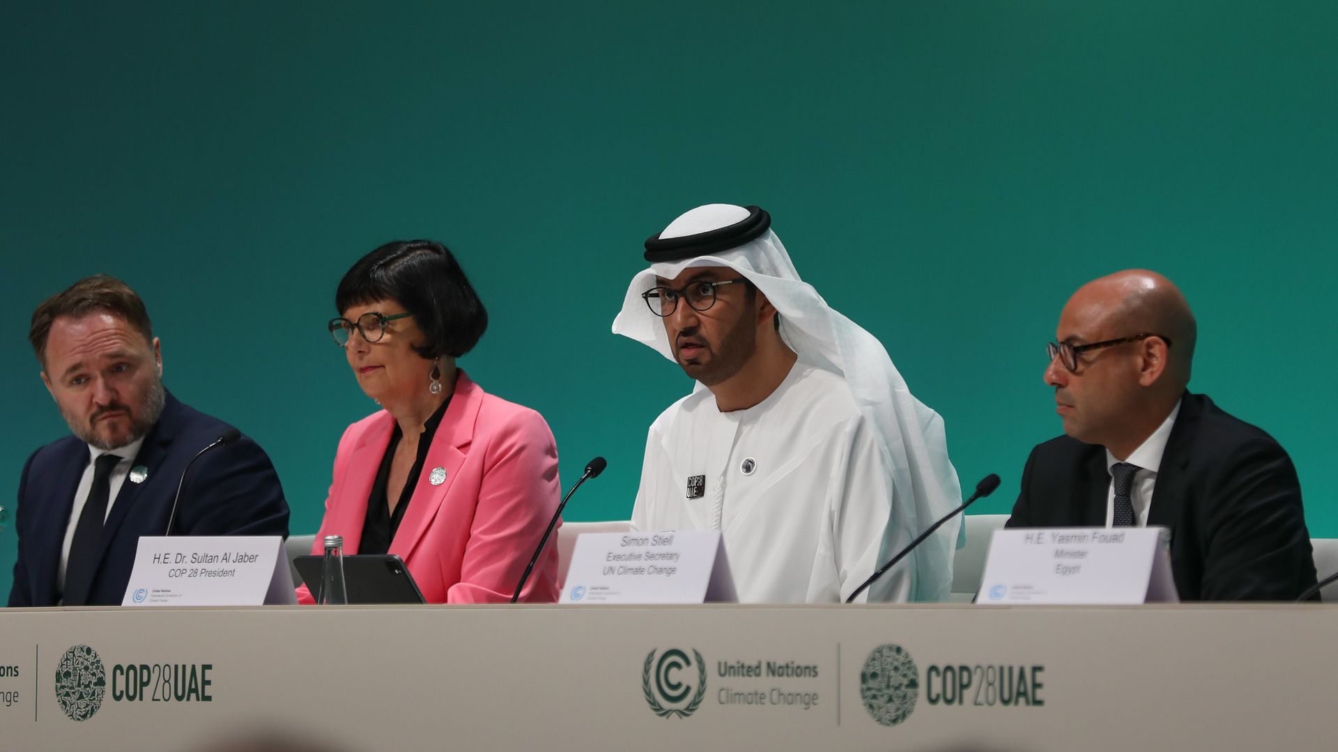 Dan Jørgensen, Barbara Creecy, COP28 President Sultan Ahmed al-Jaber, Simon Stiell at a press conference on Dec. 8. Photo: Handout/UNFCCC