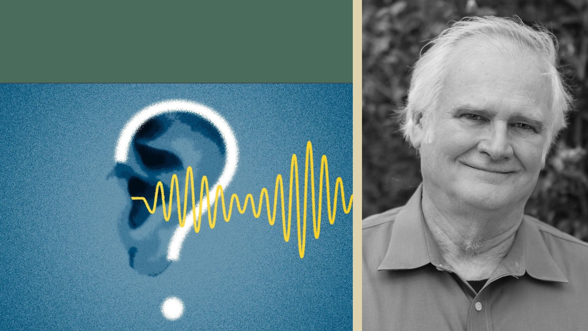 Two-panel image: left blue grainy panel with a white question mark and yellow sine wave, beige divider, right grayscale portrait of an older smiling man.