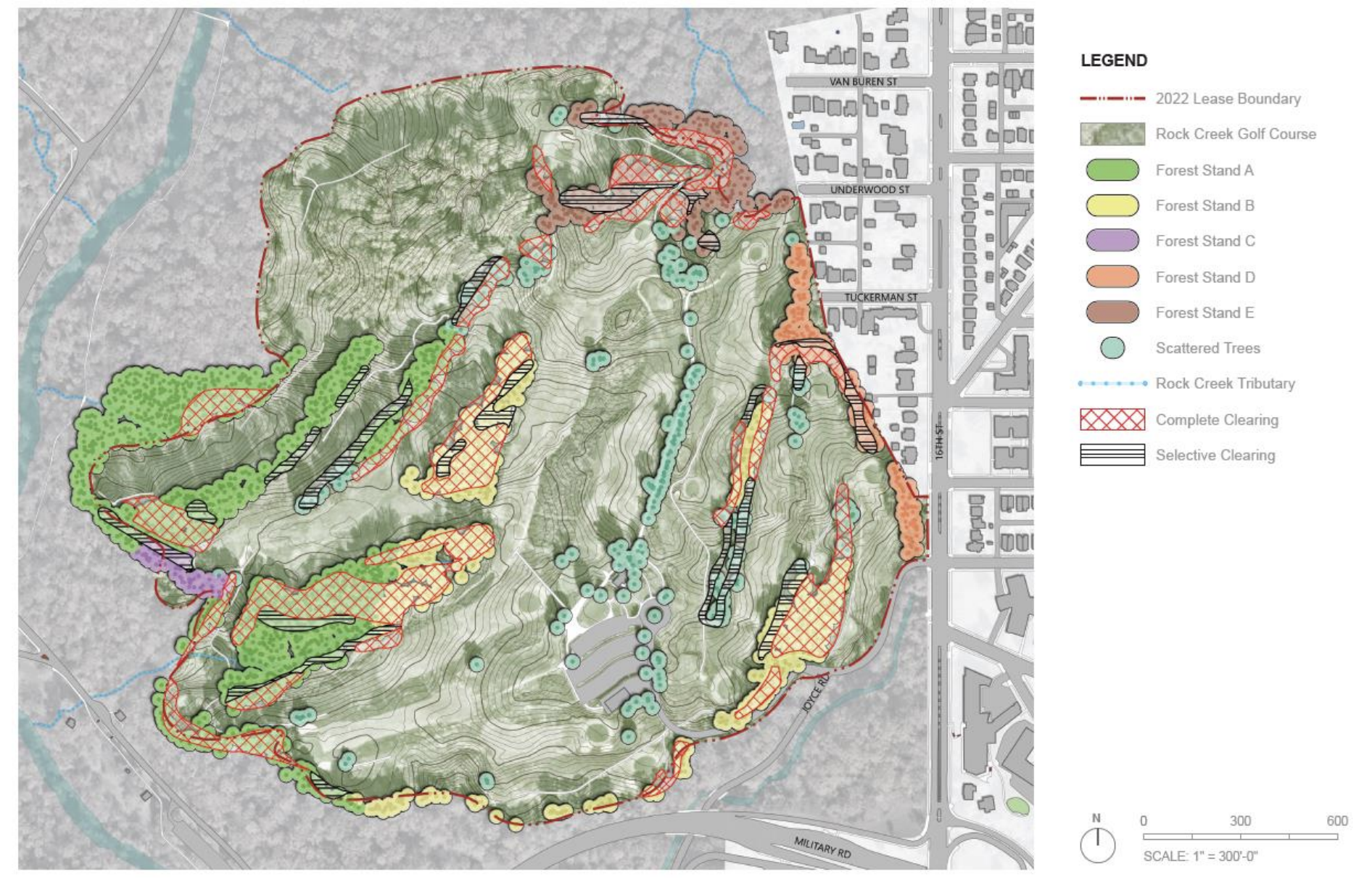 A map of the golf courses with shaded areas showing proposed tree removals