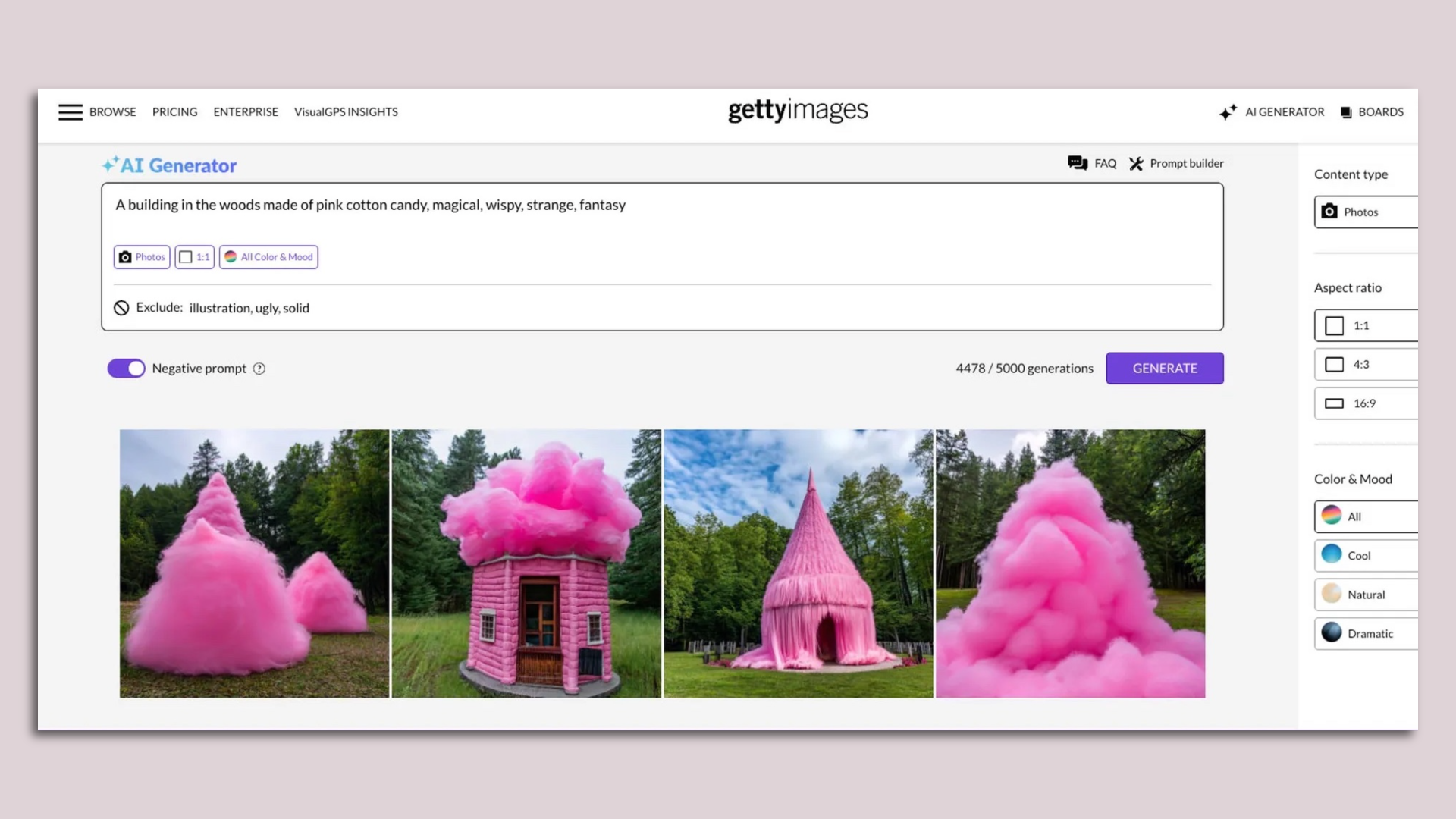 Screen shot of Getty Images' AI image generator making a cotton-candy cabin