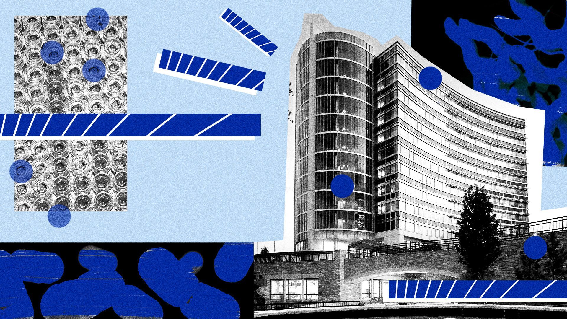 Photo illustration of the CDC headquarters, parts of the CDC logo, silhouettes of microscopic slides and shapes.