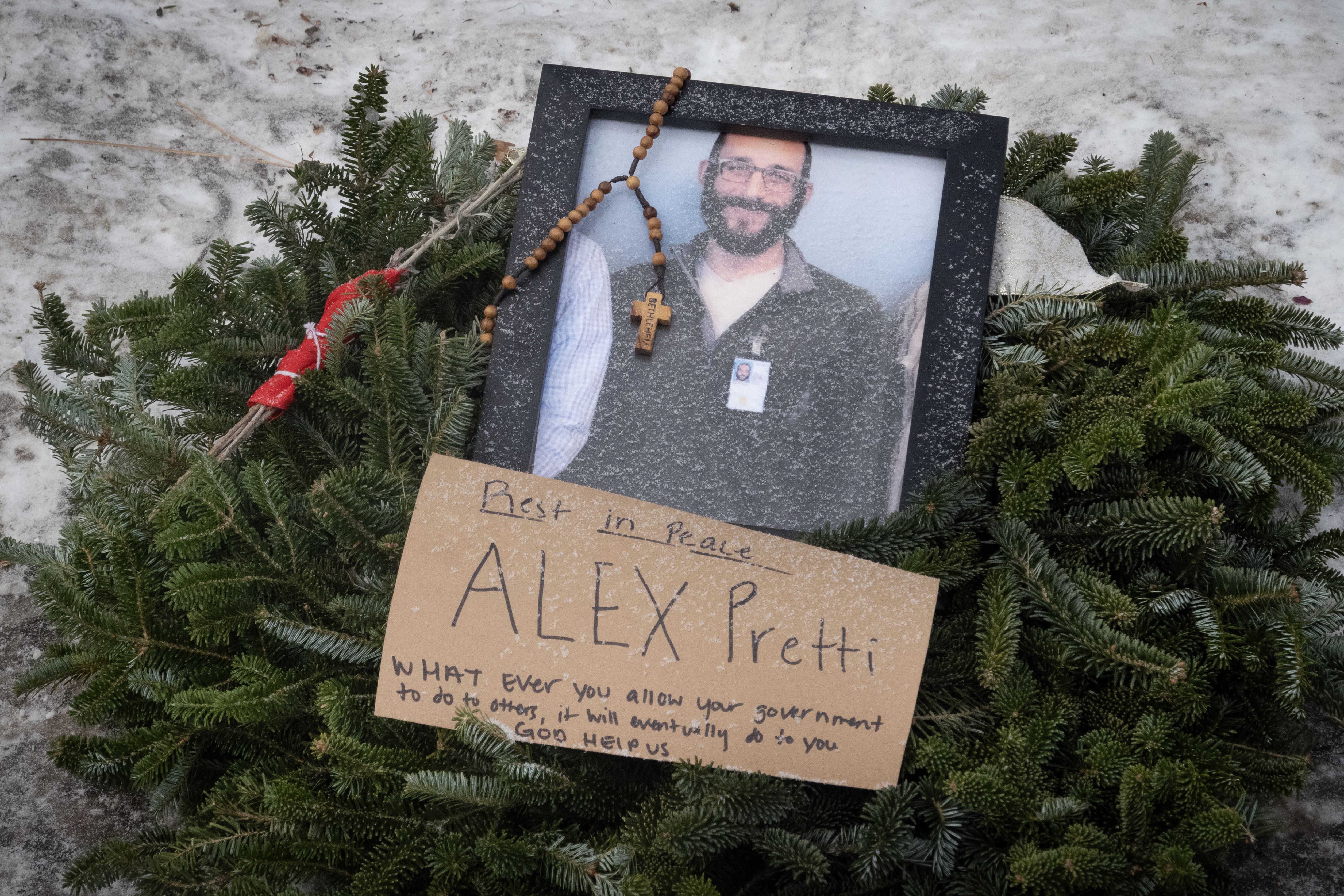 A picture sits at a memorial to Alex Pretti on January 25, 2026 in Minneapolis, Minnesota.