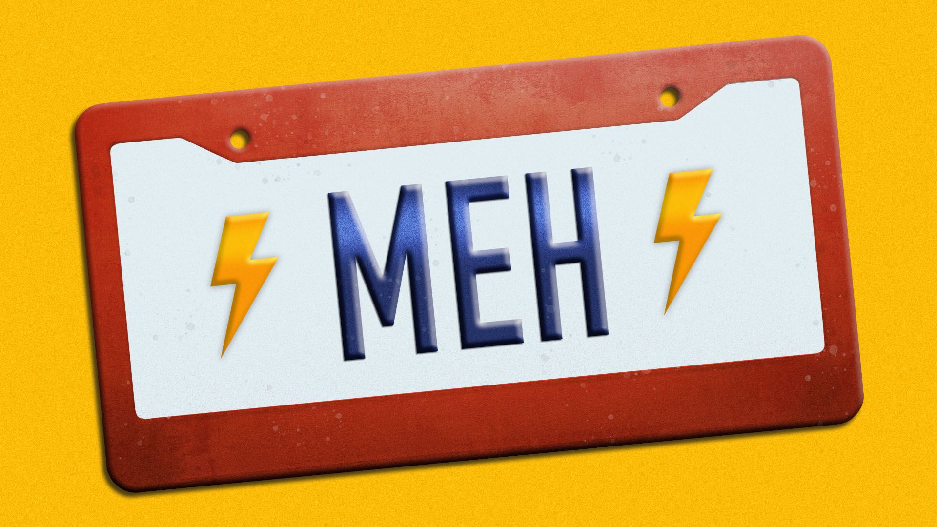 Illustration of a license plate featuring electric bolts and the word "meh"