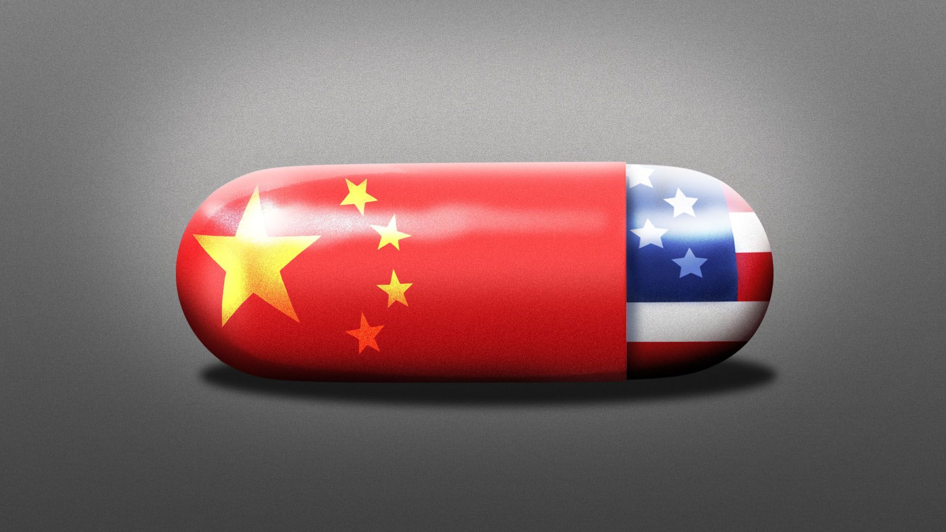Illustration of a pill, with one side featuring a Chinese flag and a much smaller side featuring an American flag