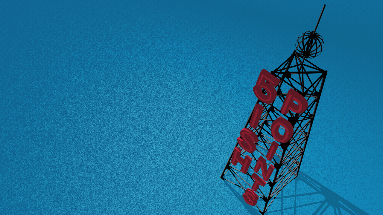 Illustration of a neon sign on a metal tower reading 5ish Points.