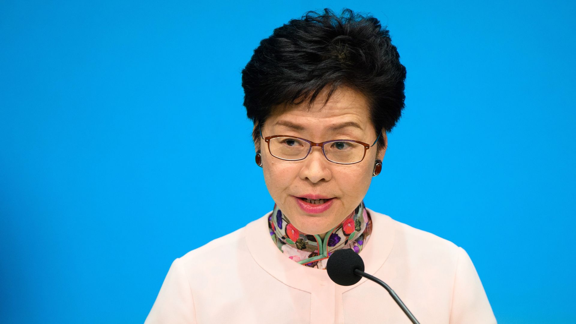 This image shows Carrie Lam in a sweater standing and speaking in front of a microphone.