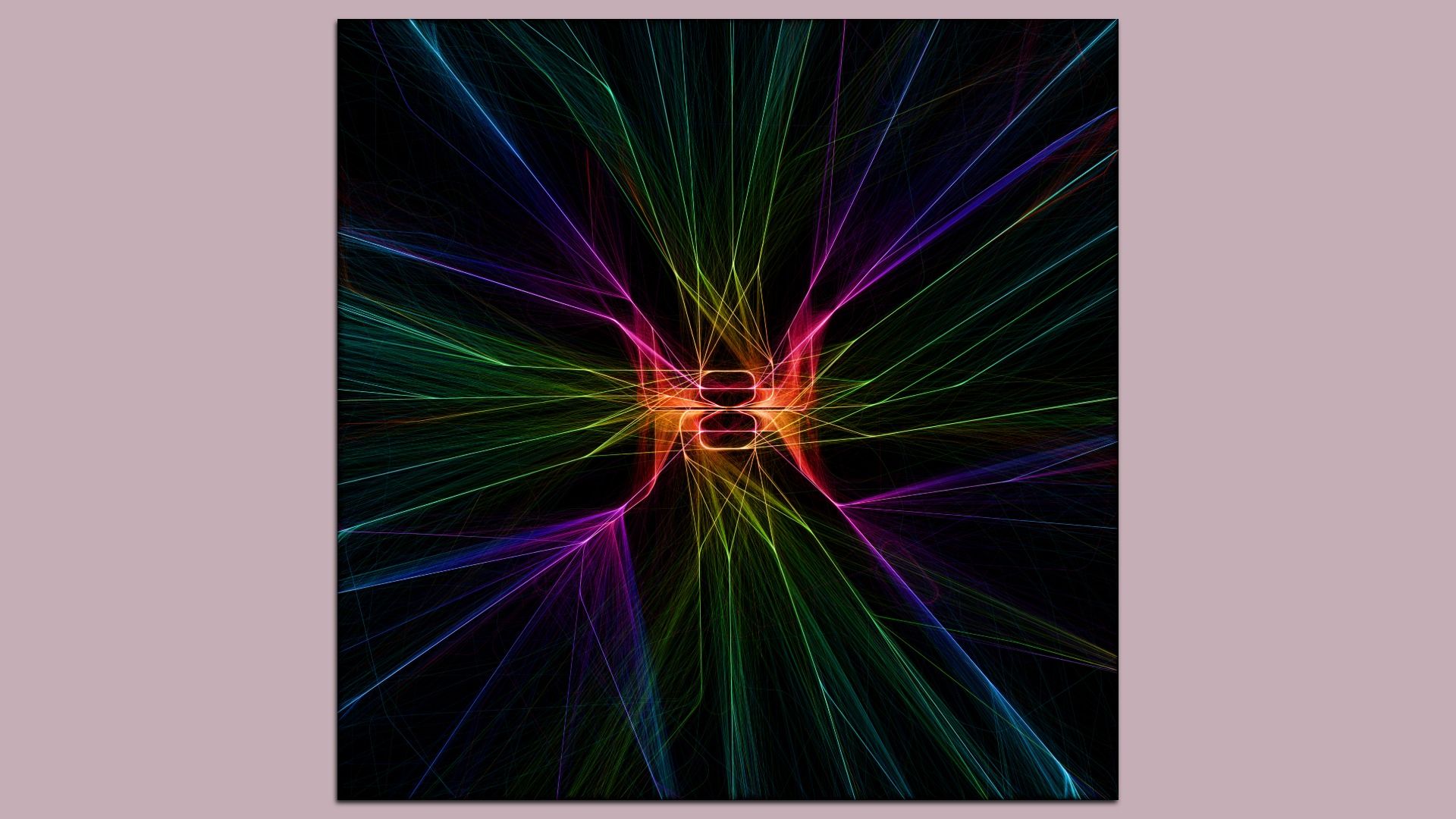 A vividly colored rendering display of flight traffic moving in and out of Atlanta's airport on a black background 