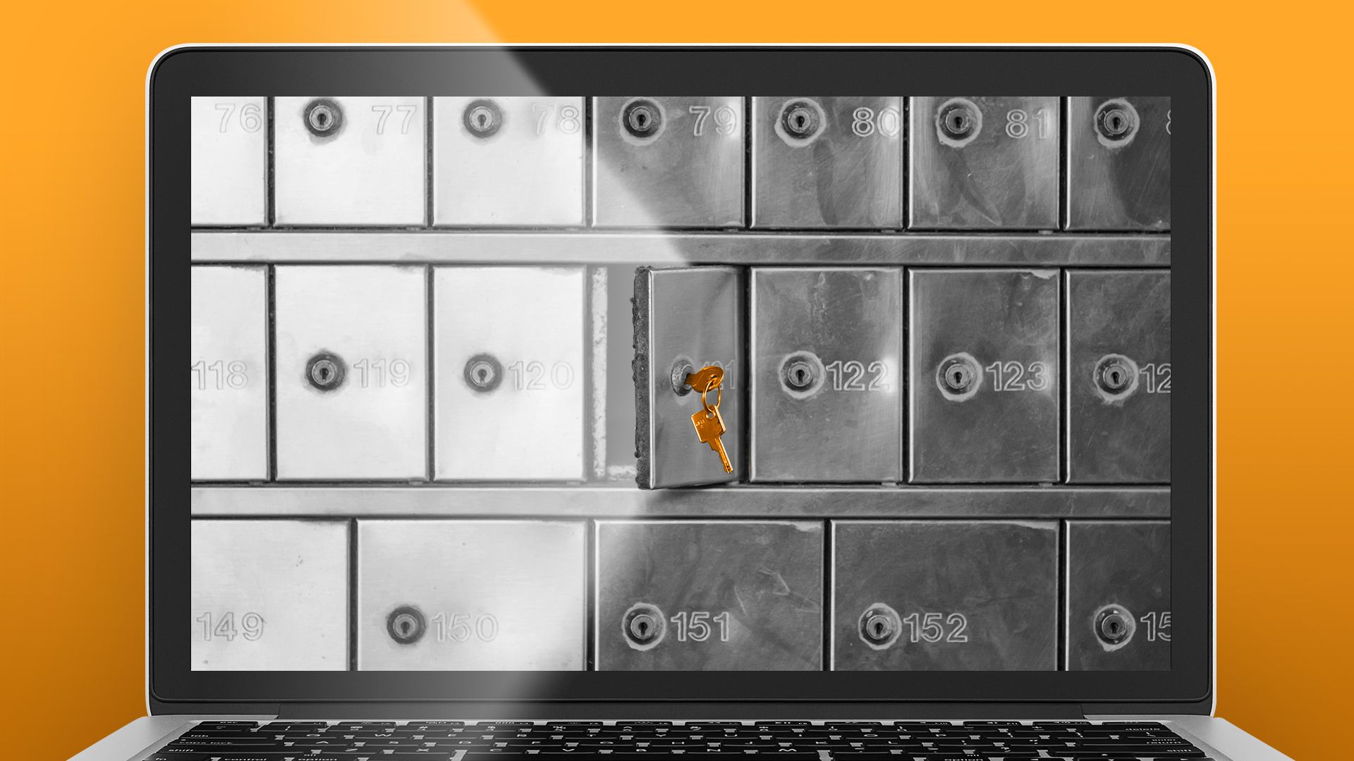 Illustration of a laptop with safety deposit boxes on the screen, one box is open with light pouring from the laptop. 