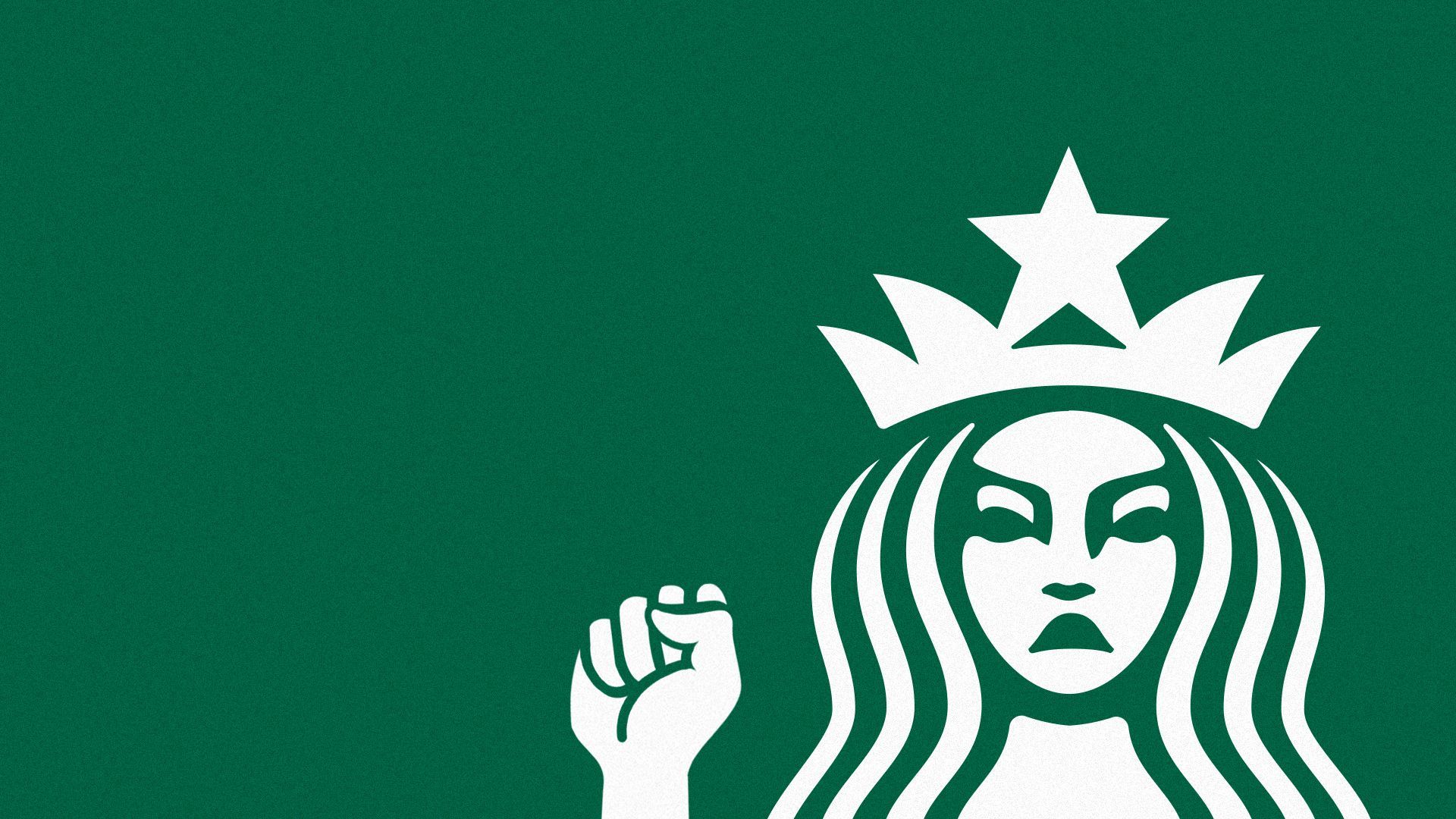 Illustration of the Starbucks siren holding up a fist. 