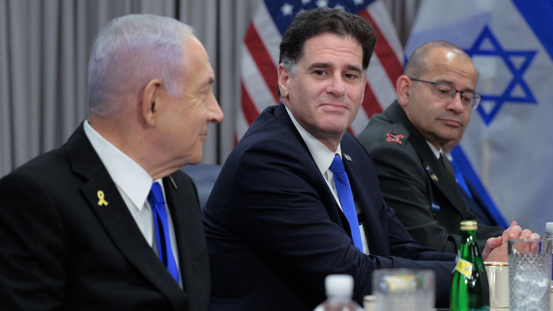  Israeli Prime Minister Benjamin Netanyahu (L) is joined by Israeli Minister of Strategic Affairs Ron Dermer and other officials for a meeting with U.S. Secretary of Defense Pete Hegseth at the Pentagon on July 09, 2025 in Arlington, Virginia. 
