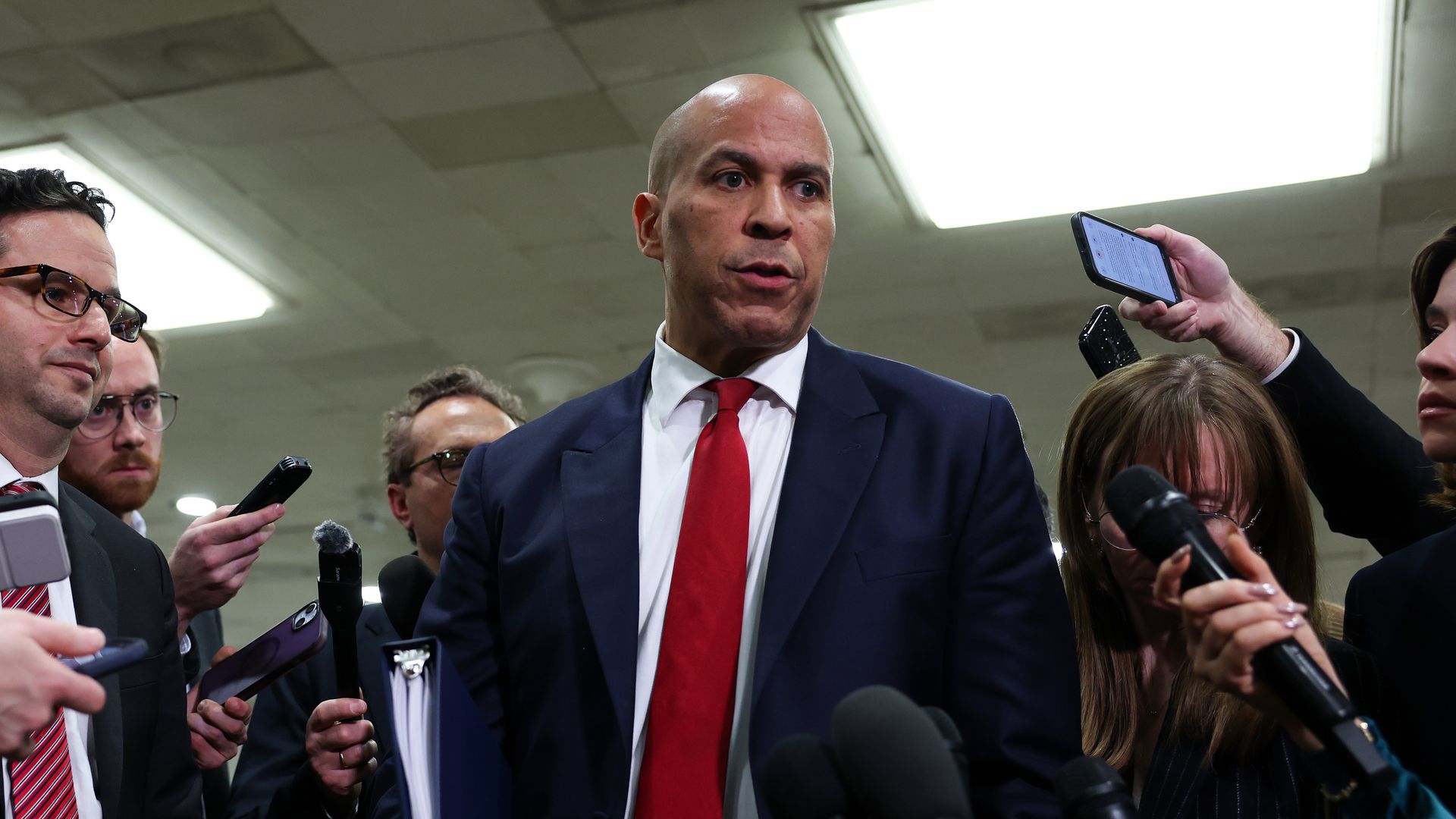 Sen. Cory Booker speaks to the media at the U.S. Capitol on March 3. 