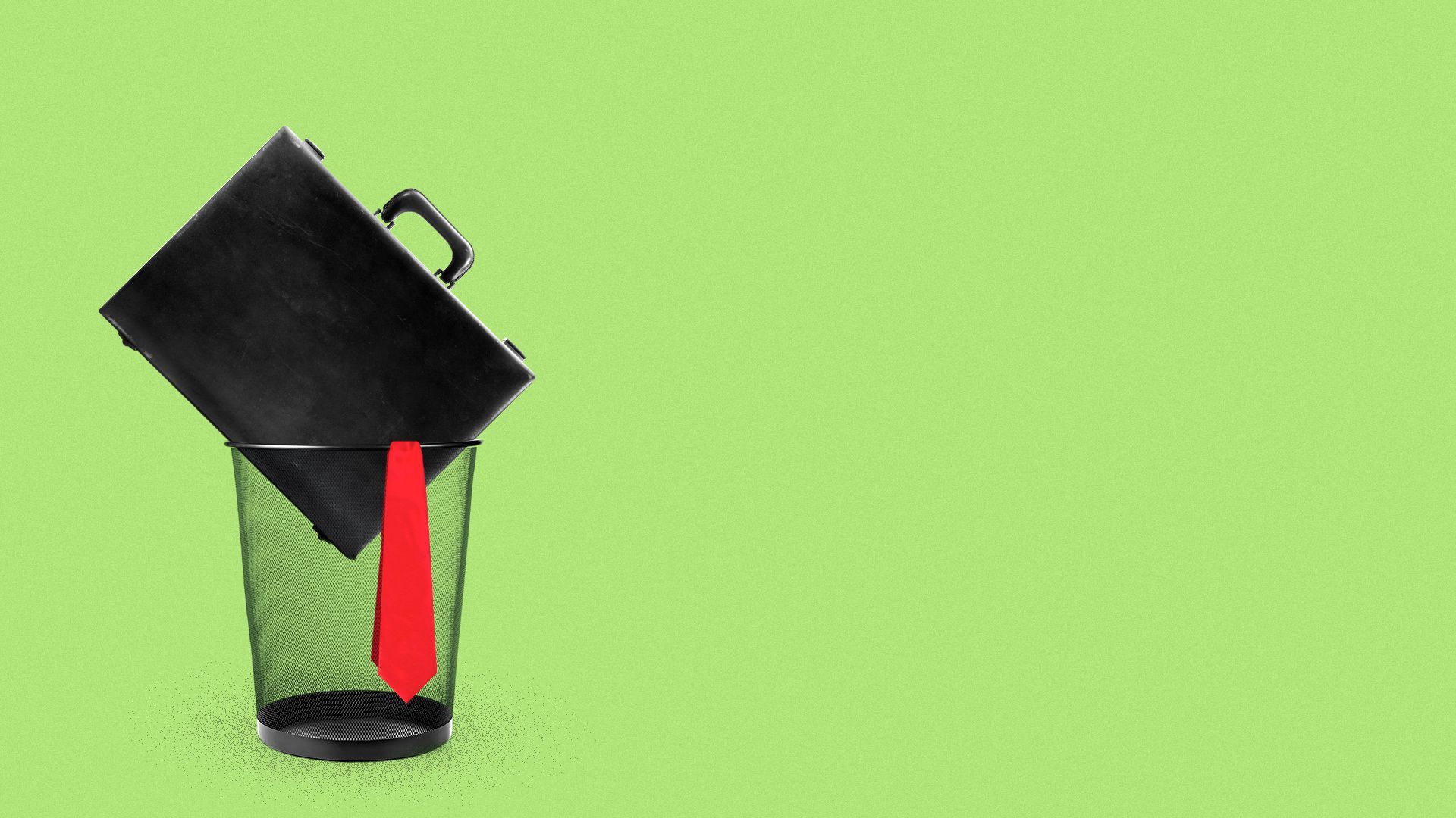 Illustration of a briefcase and tie in a waste paper basket