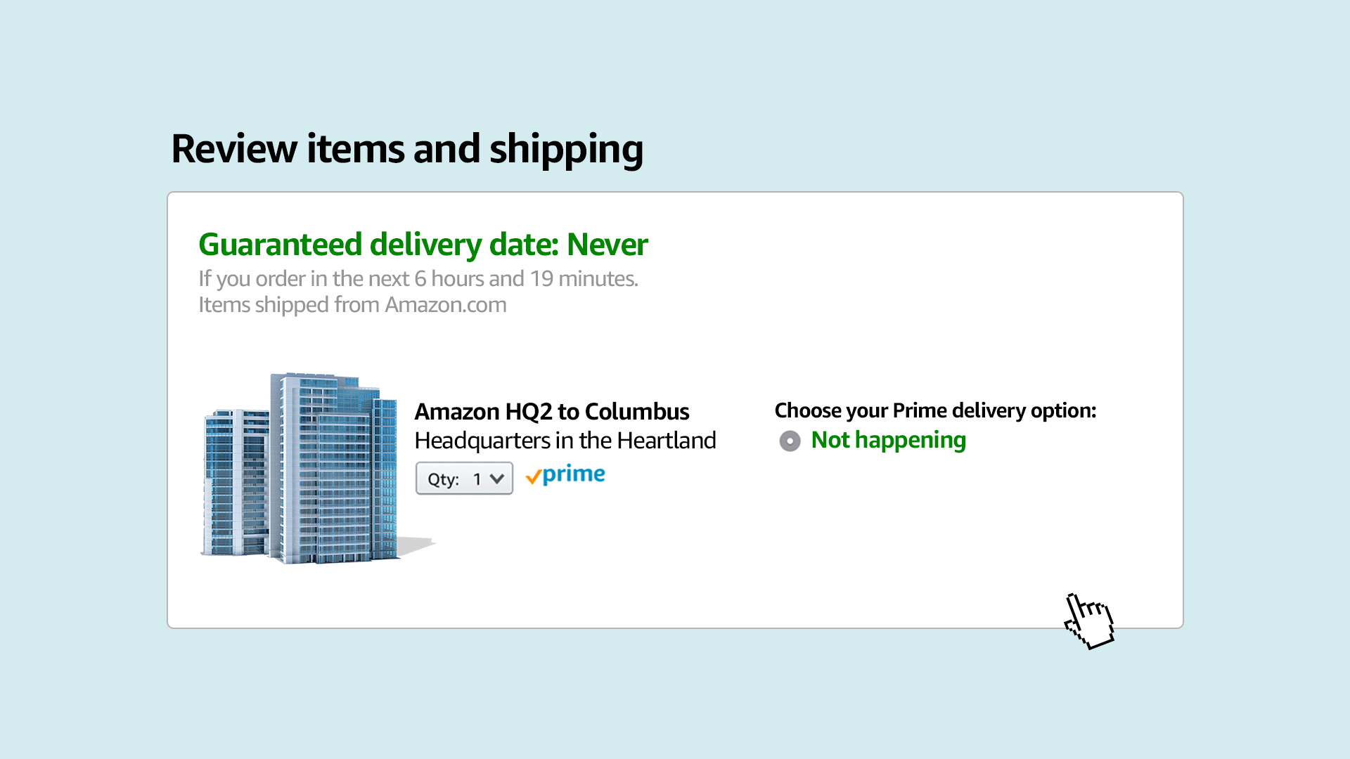 Illustration of an Amazon checkout screen, showing a Never shipping option for an Amazon HQ for Columbus. 