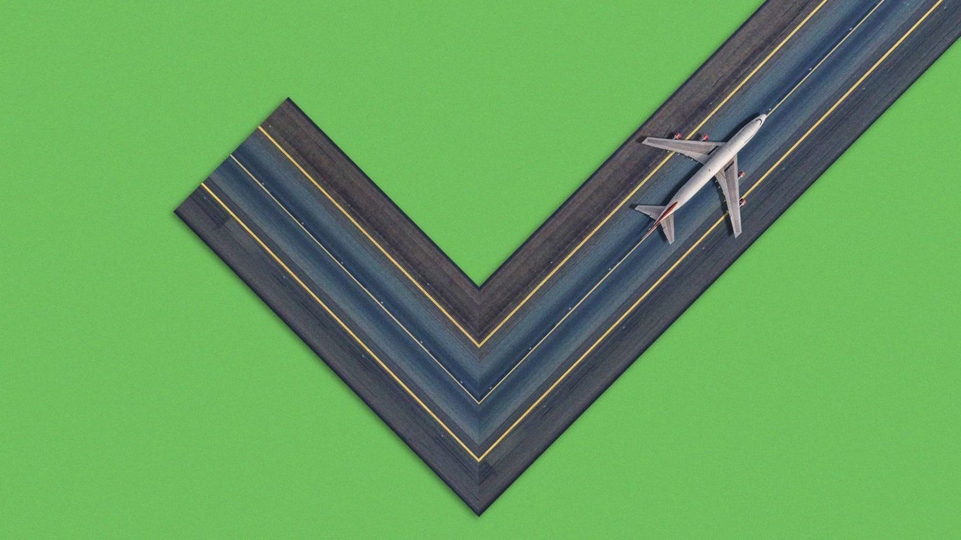 A check mark runway with a plane