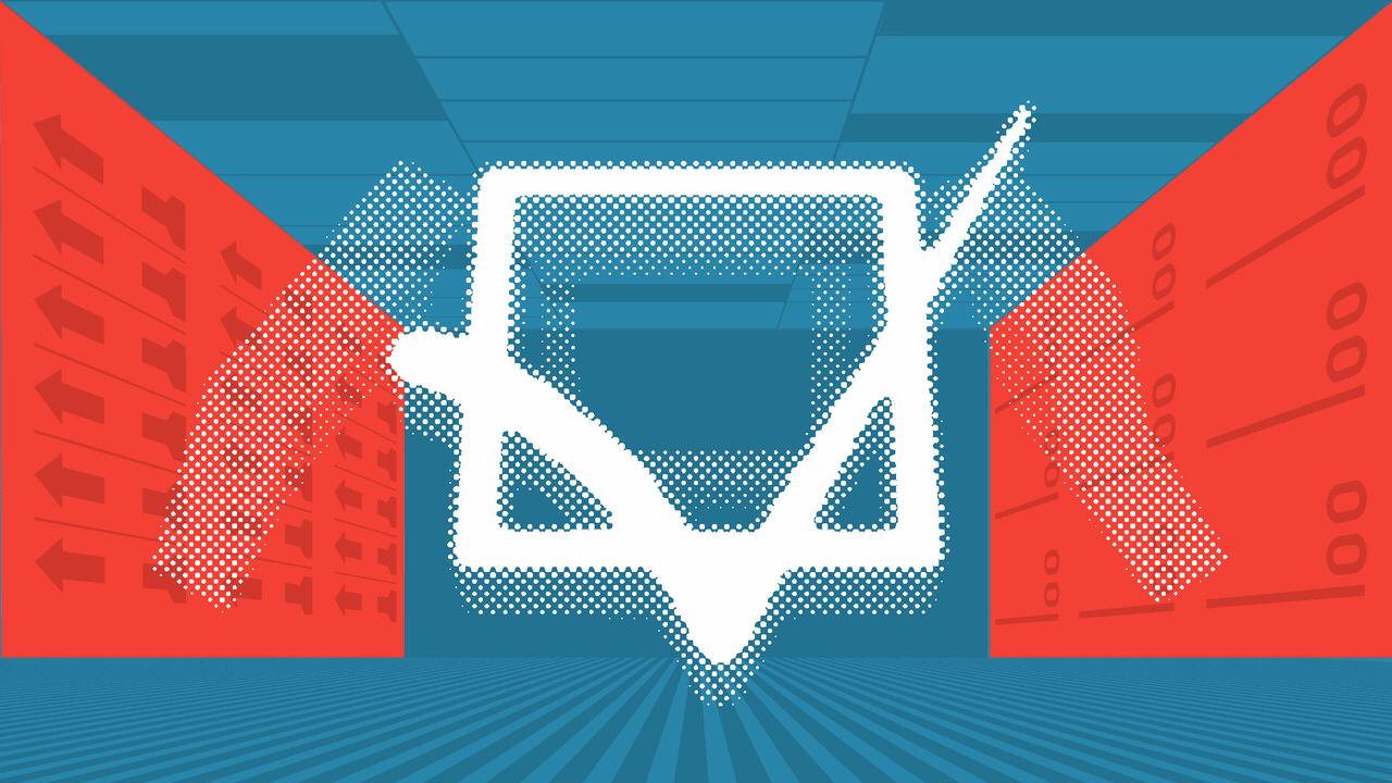 Animated illustration of the District of Columbia rotating to reveal a checkmark over a divided red and blue background with elements of ballots.