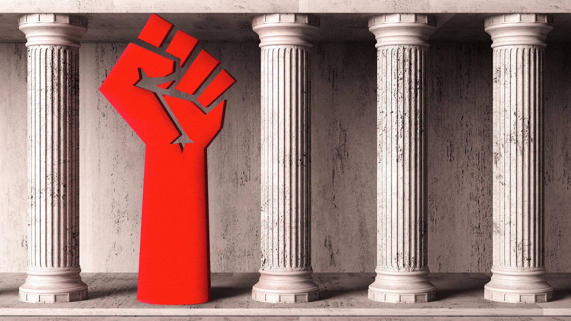 Illustration of the front of a building and its columns with one of the columns replaced with a red fist icon.