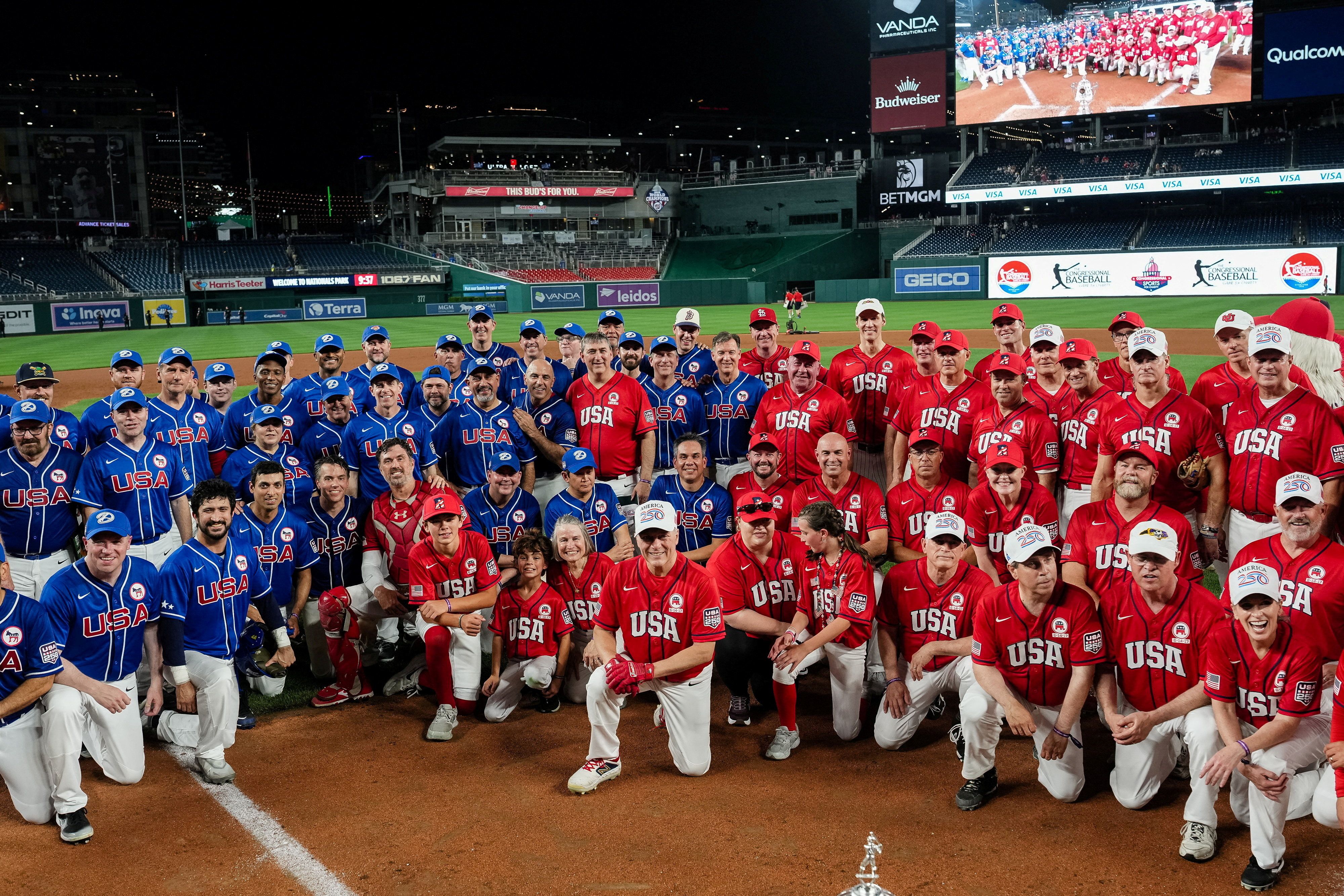 Congressional Baseball team photo, with Ds in blue and Rs in red