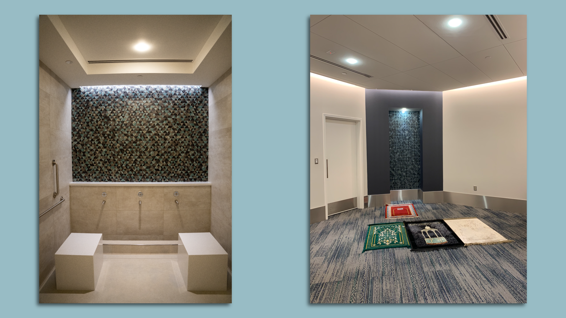 Photo of a washing room on the left and a photo of a room with prayer rugs on the right. 