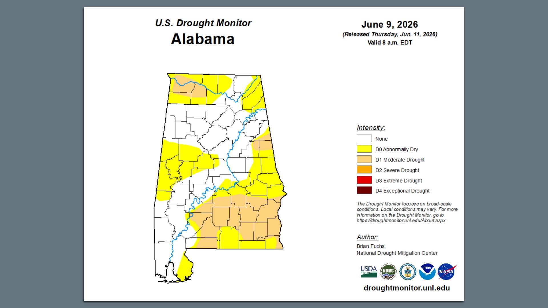 Alabama drought map from the U.S. Drought Monitor, dated June 9, 2026. Yellow D0 Abnormally Dry and tan/orange D1–D2 drought areas with blue rivers and white non-drought zones; title at top.