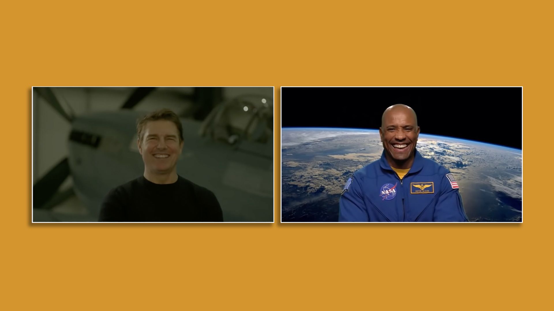 Tom Cruise speaking virtually to astronaut Victor Glover