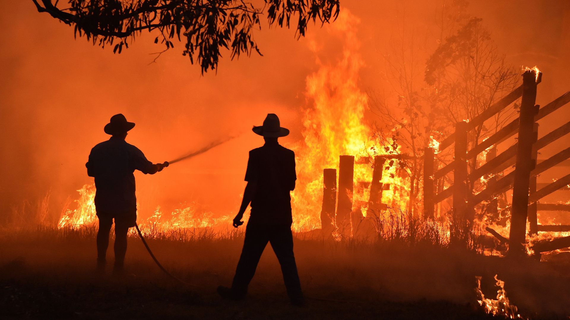 Residents defend a property from a bushfire at Hillsville near Taree, 350km north of Sydney