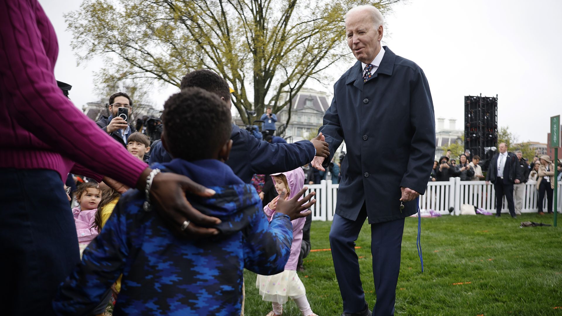 President Joe Biden greets young guests during the White House Easter Egg Roll on the South Lawn on April 01, 2024