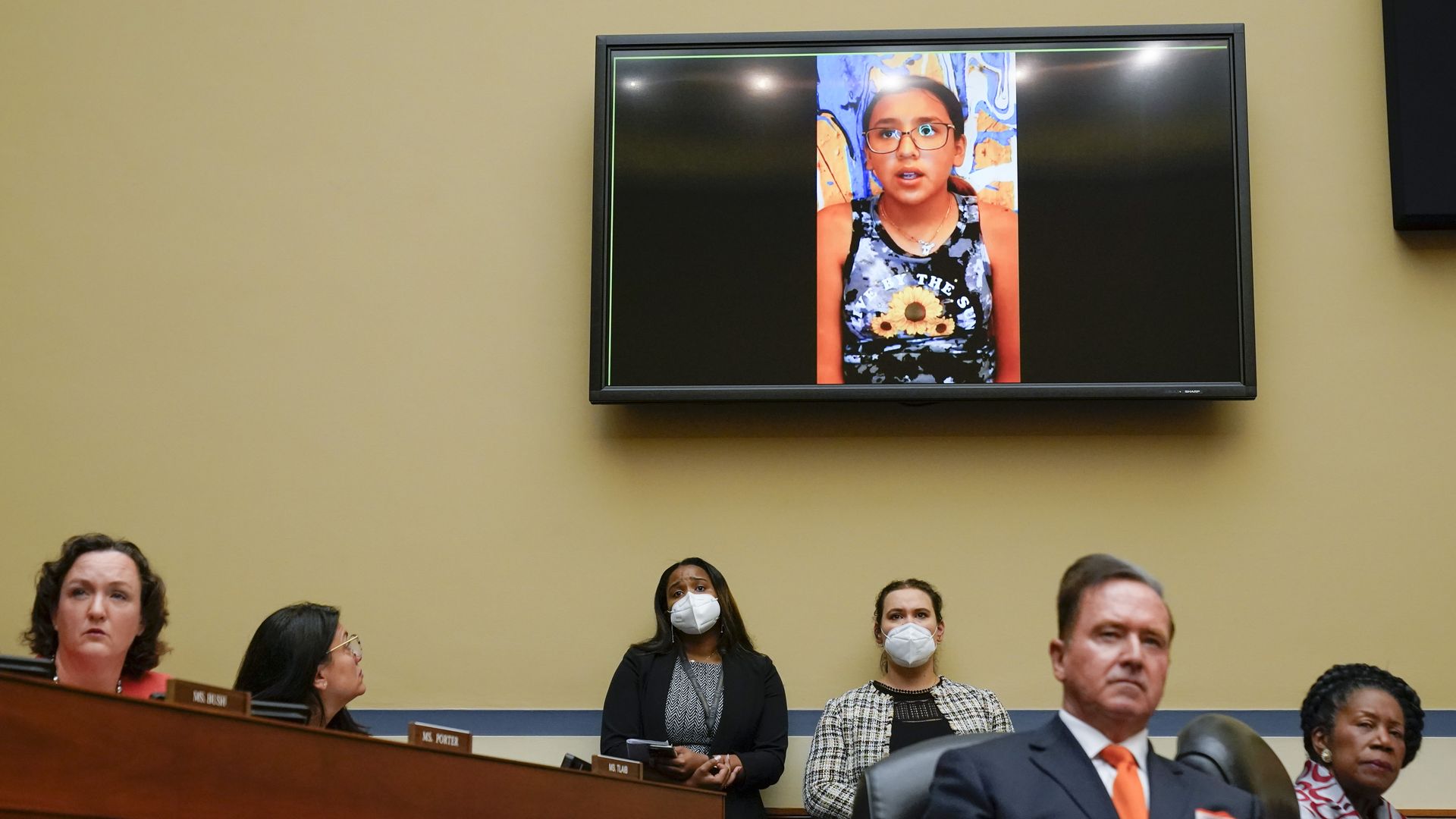 Miah Cerrillo, a fourth grade student at Robb Elementary School in Uvalde, Texas, and survivor of the mass shooting appears on a screen during a House Committee on Oversight and Reform hearing.