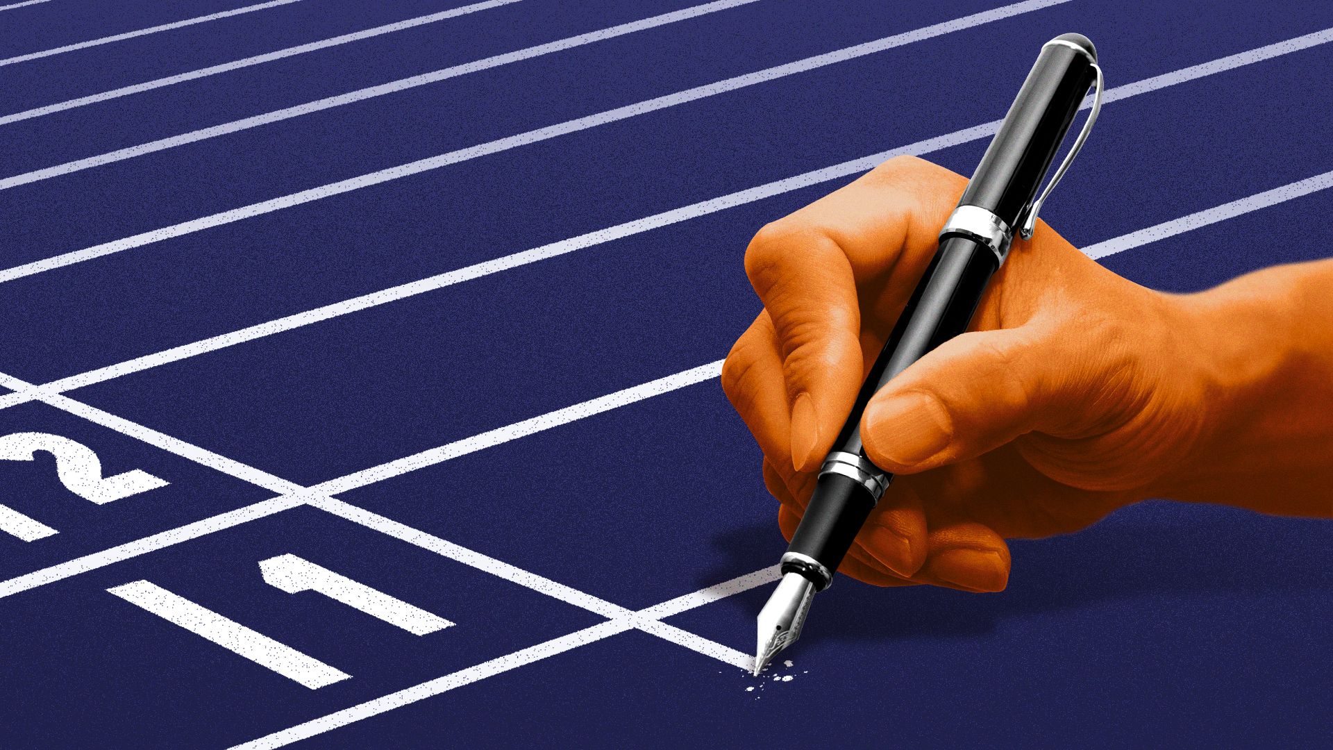 Illustration of an orange hand holding a fountain pen, drawing the white lines of a running track.