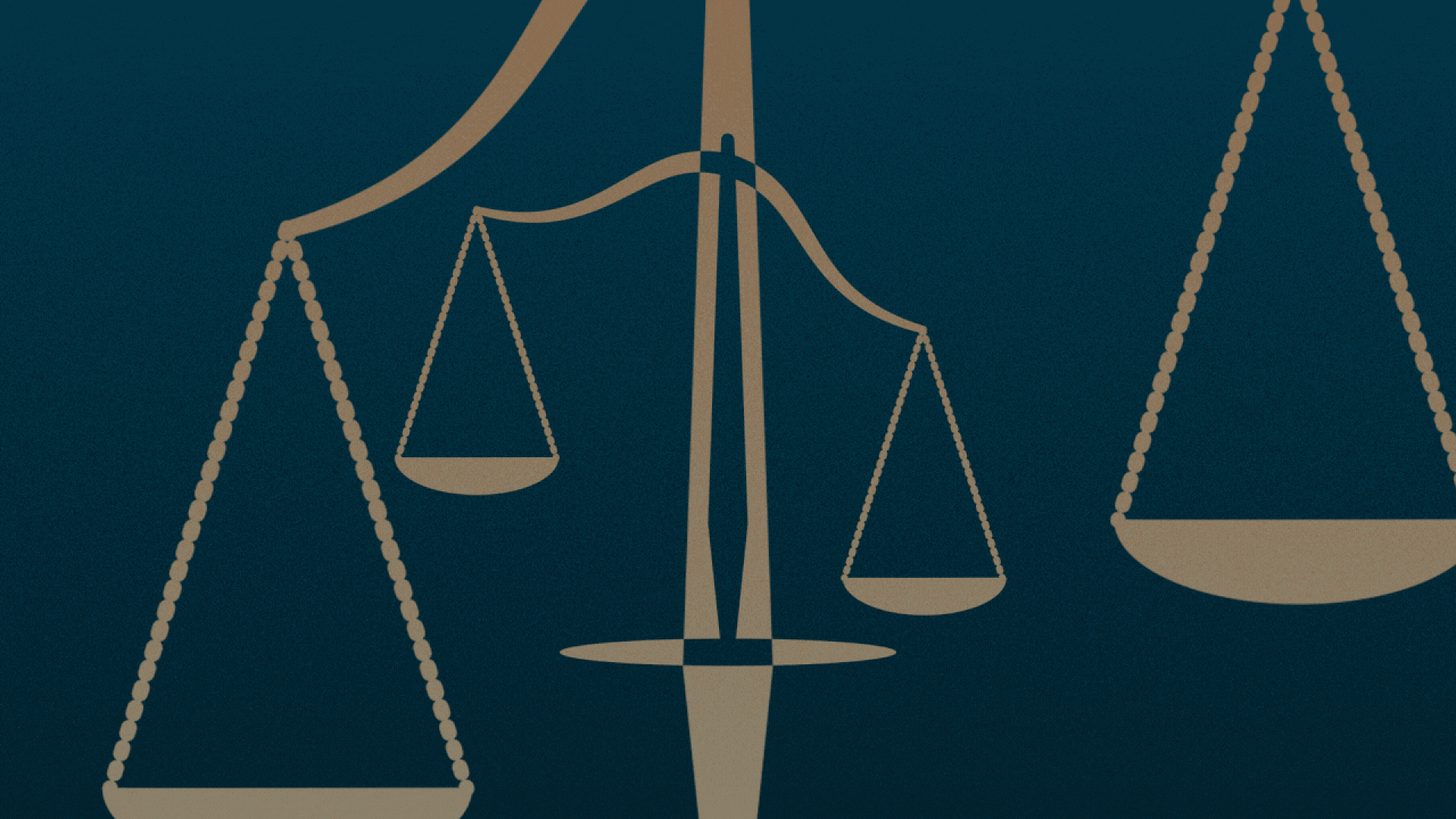 Illustration of two scales of justice, one large and one small, tilting in opposite directions. 