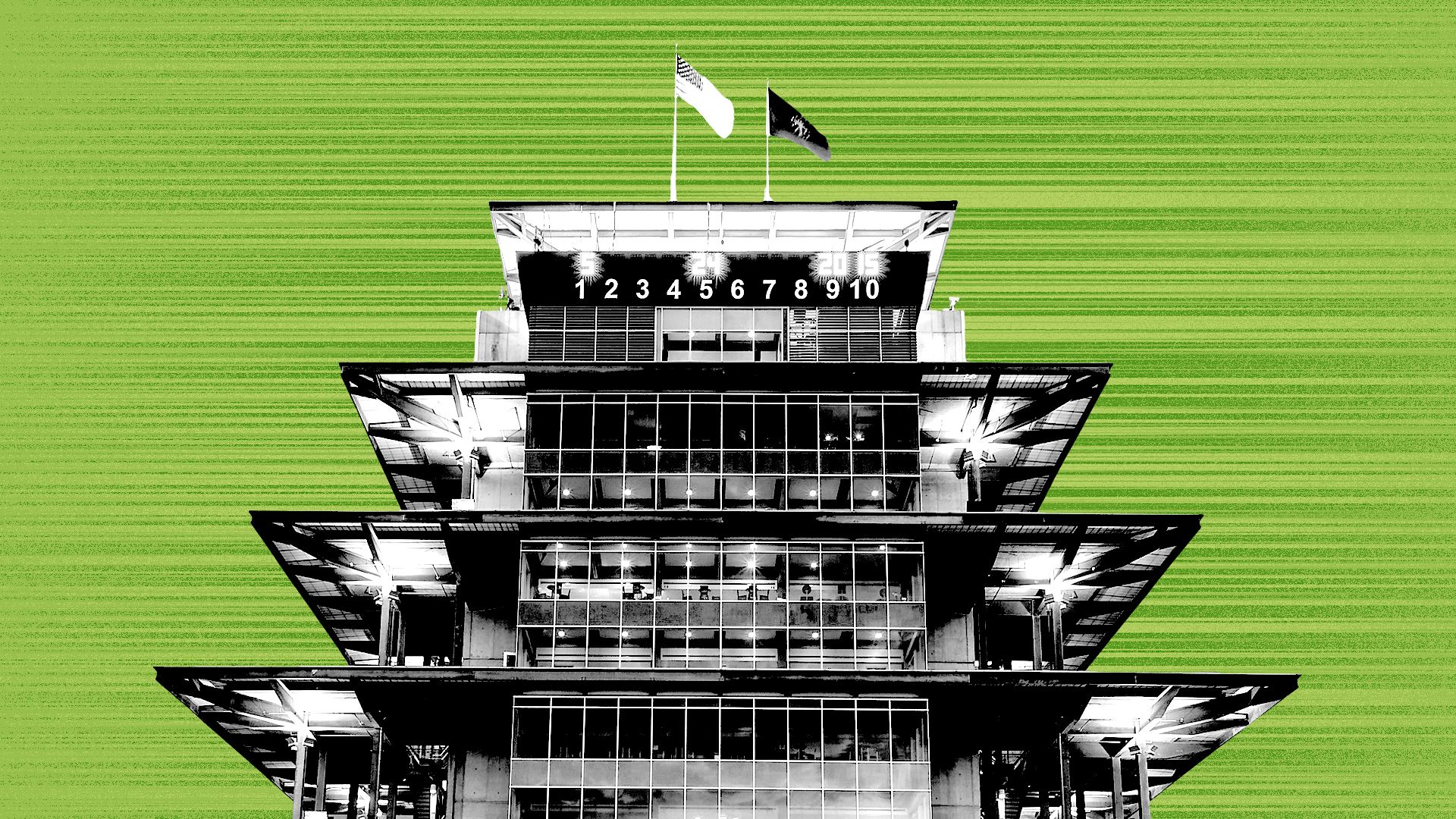 Photo illustration of the International Motor Speedway Pagoda with green speed lines behind it.