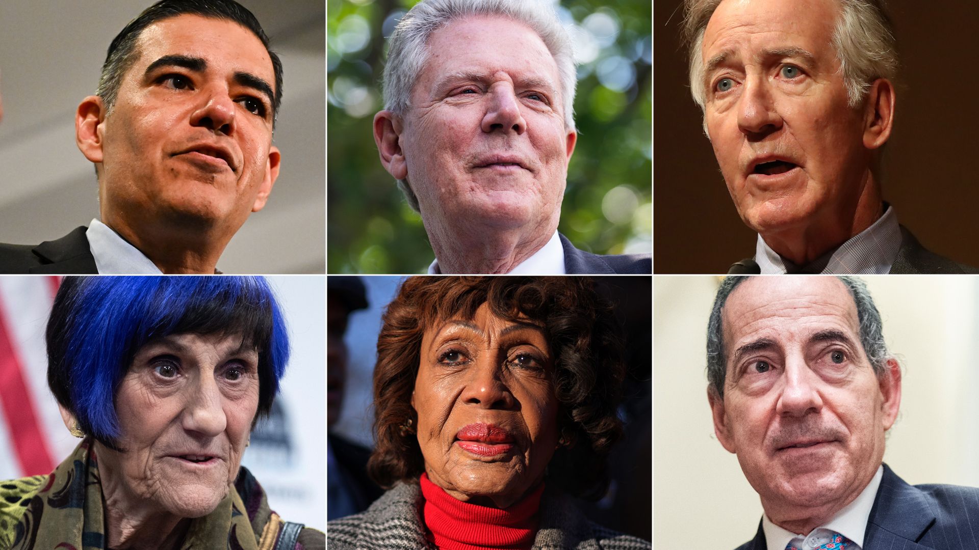 Top row from left: Rep. Robert Garcia, Rep. Frank Pallone, and Rep. Richard E Neal; bottom row from left: Rep. Rosa DeLauro, Rep. Maxine Waters, and Rep. Jamie Raskin.