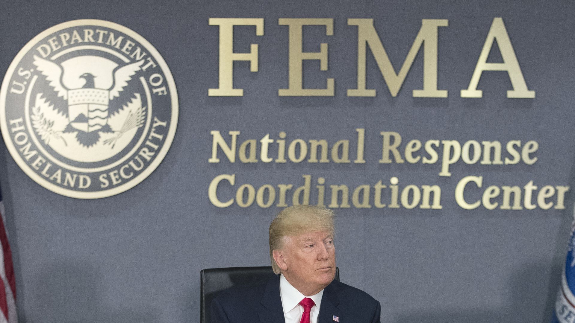 Donald Trump speaks during a visit to Federal Emergency Management Agency (FEMA) HQ