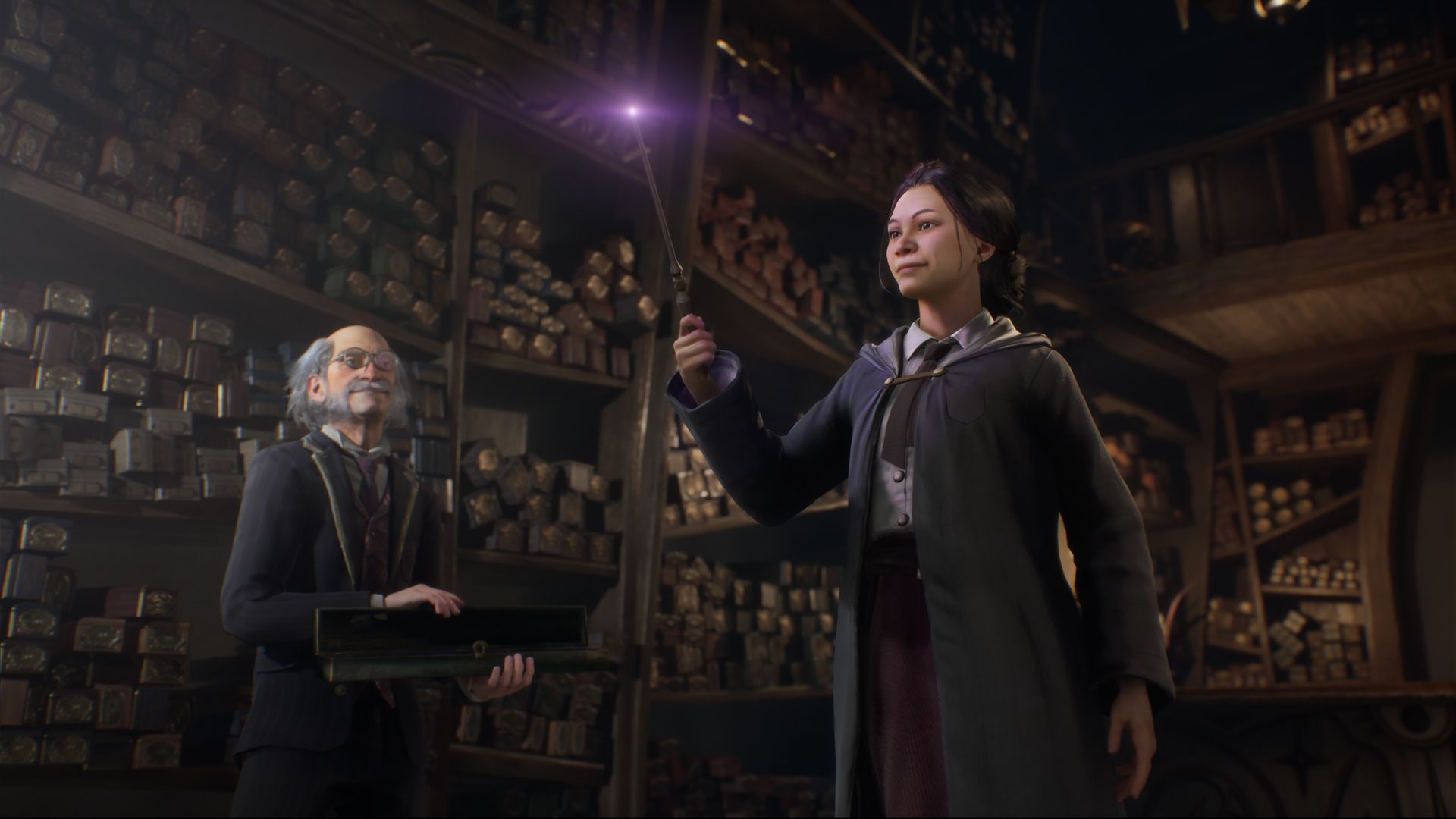 Video game screenshot of a student wizard holding a magic wand