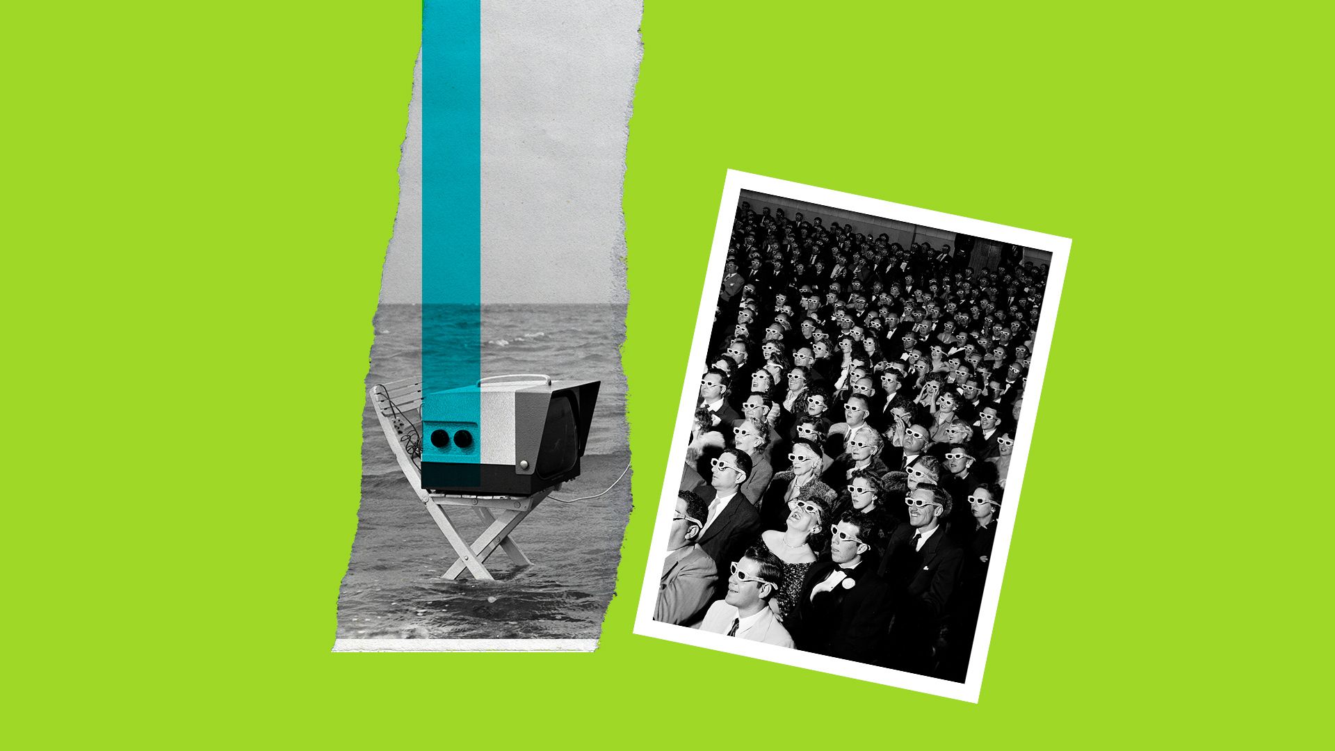 Collage illustration of a television in a stream of water near a historical image of people watching an early 3D film. 