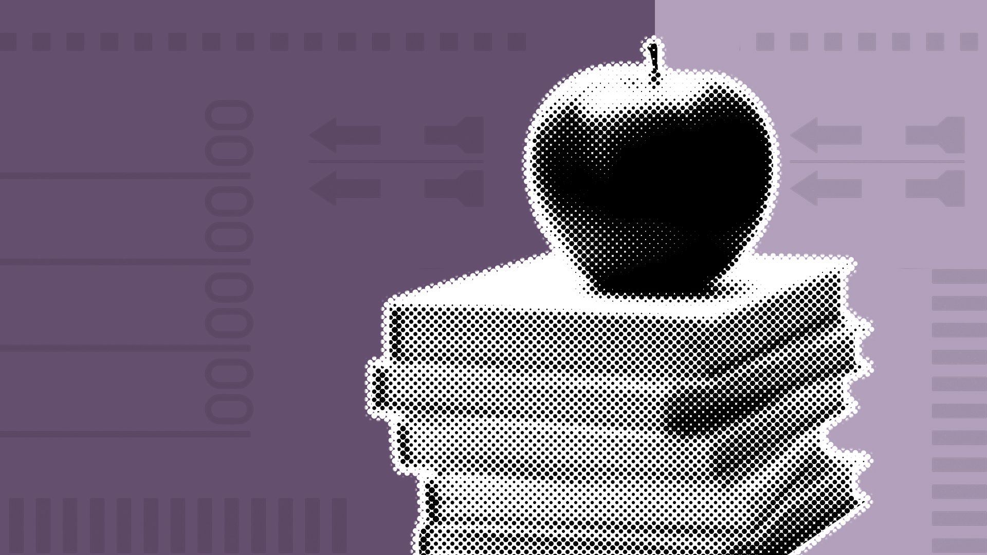 Illustration of a stack of books with an apple sitting on top of them with ballot imagery and shapes behind it