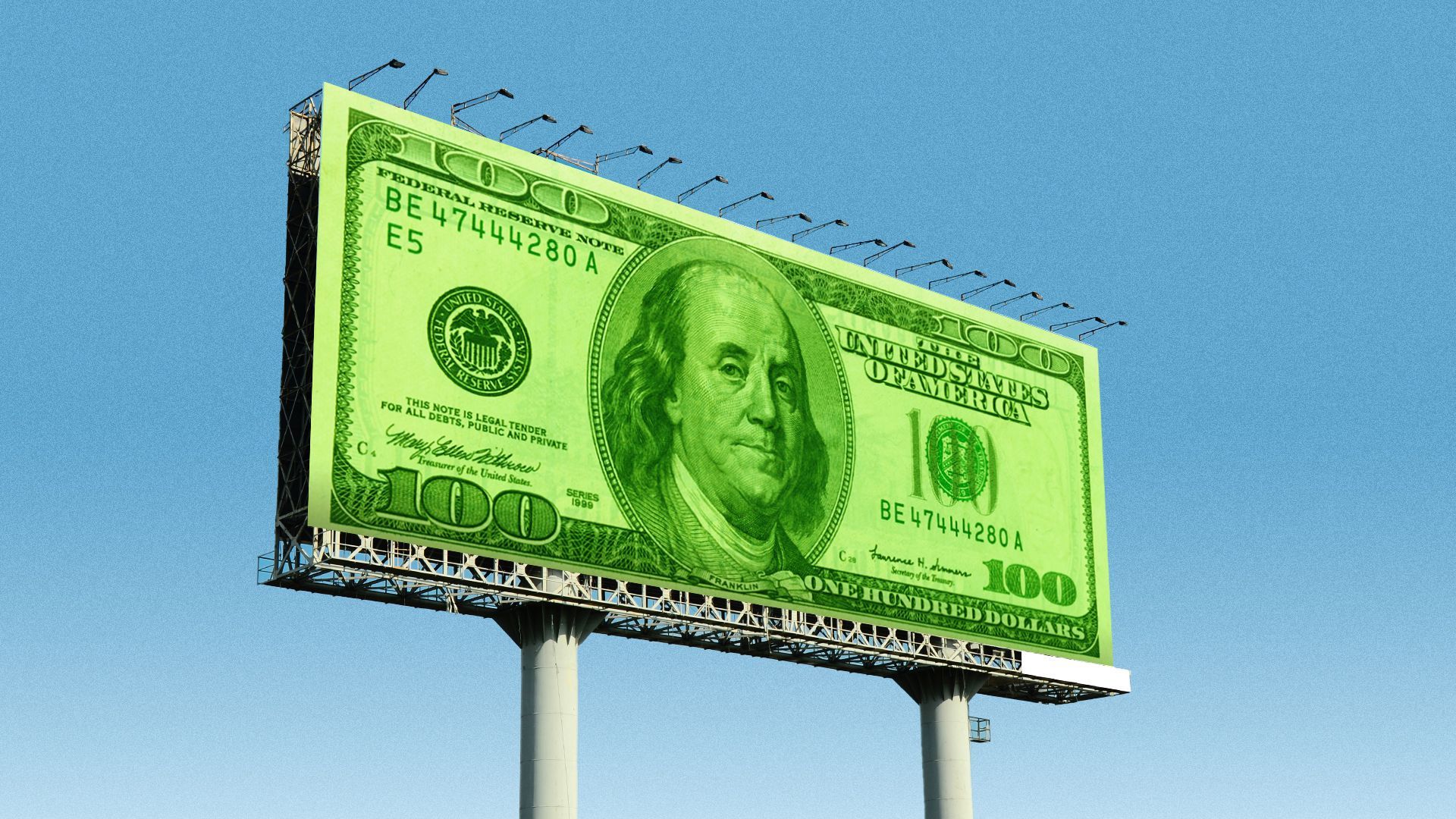 Illustration of a one hundred dollar bill on a billboard